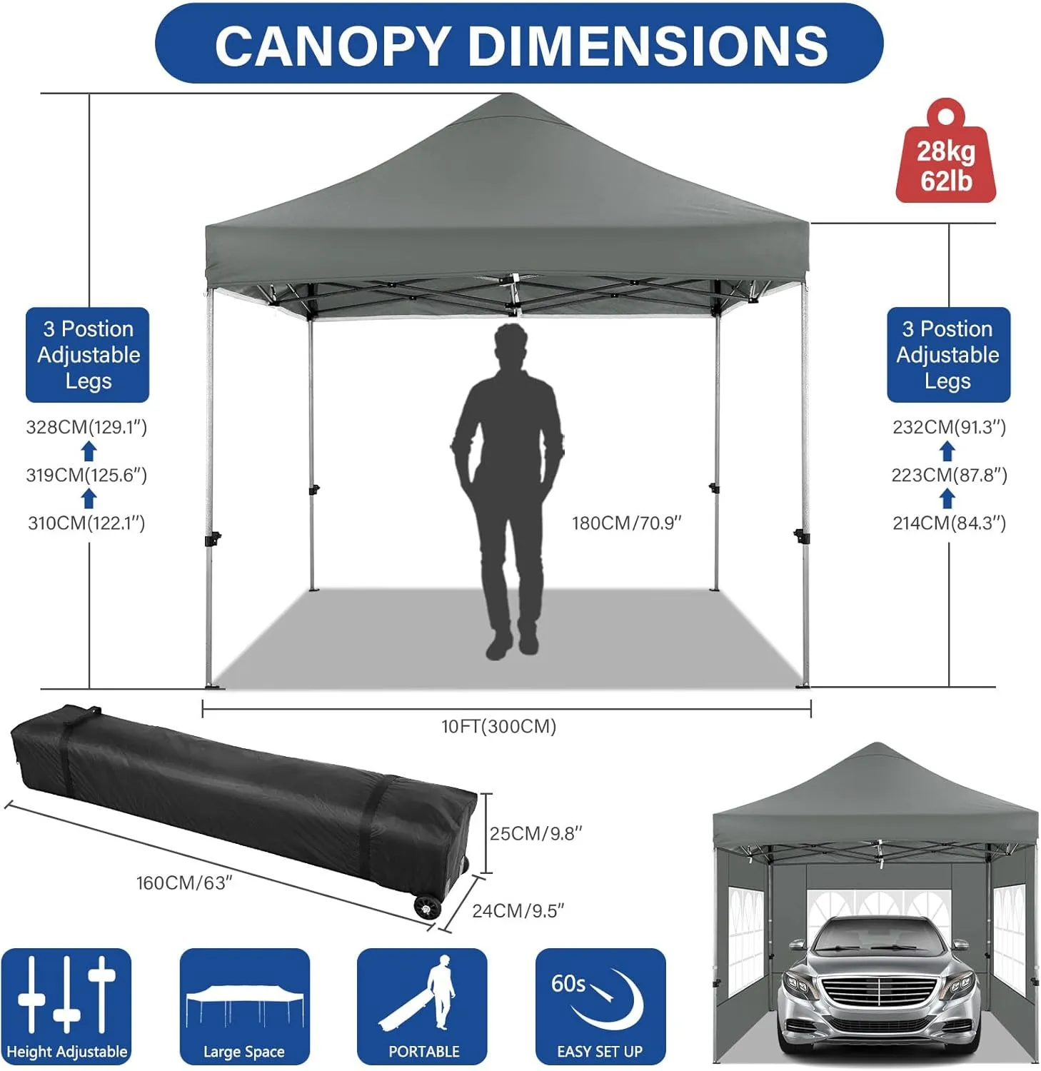 COBIZI Pop up Canopy Tent 10x10 Heavy Duty Gazebo with 4 Sidewalls, UPF 50  All Weather Waterproof Commercial Outdoor Wedding Party Tents Canopy with Roller Bag,Gray