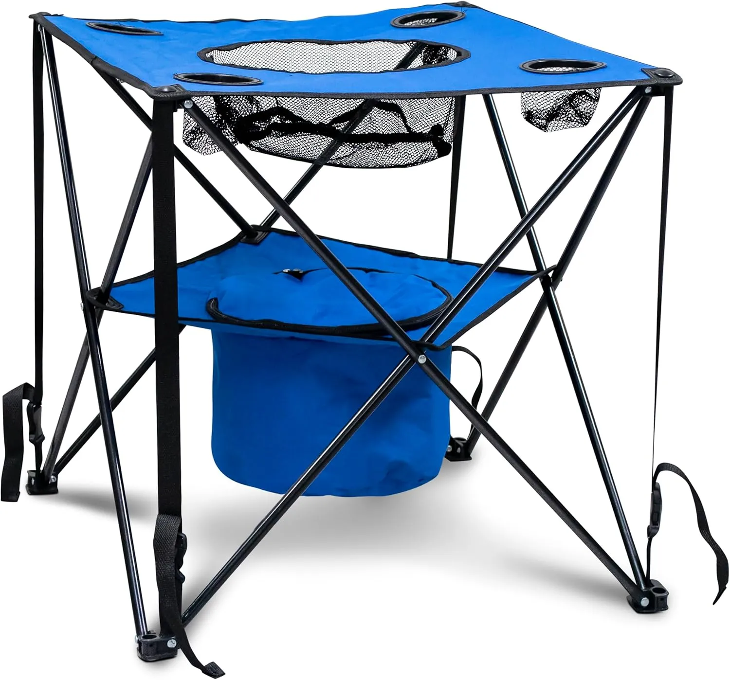 Collapsible Folding Camping Table with Insulated Cooler, Cup Holder, Mesh Food Basket & Travel Bag, Blue