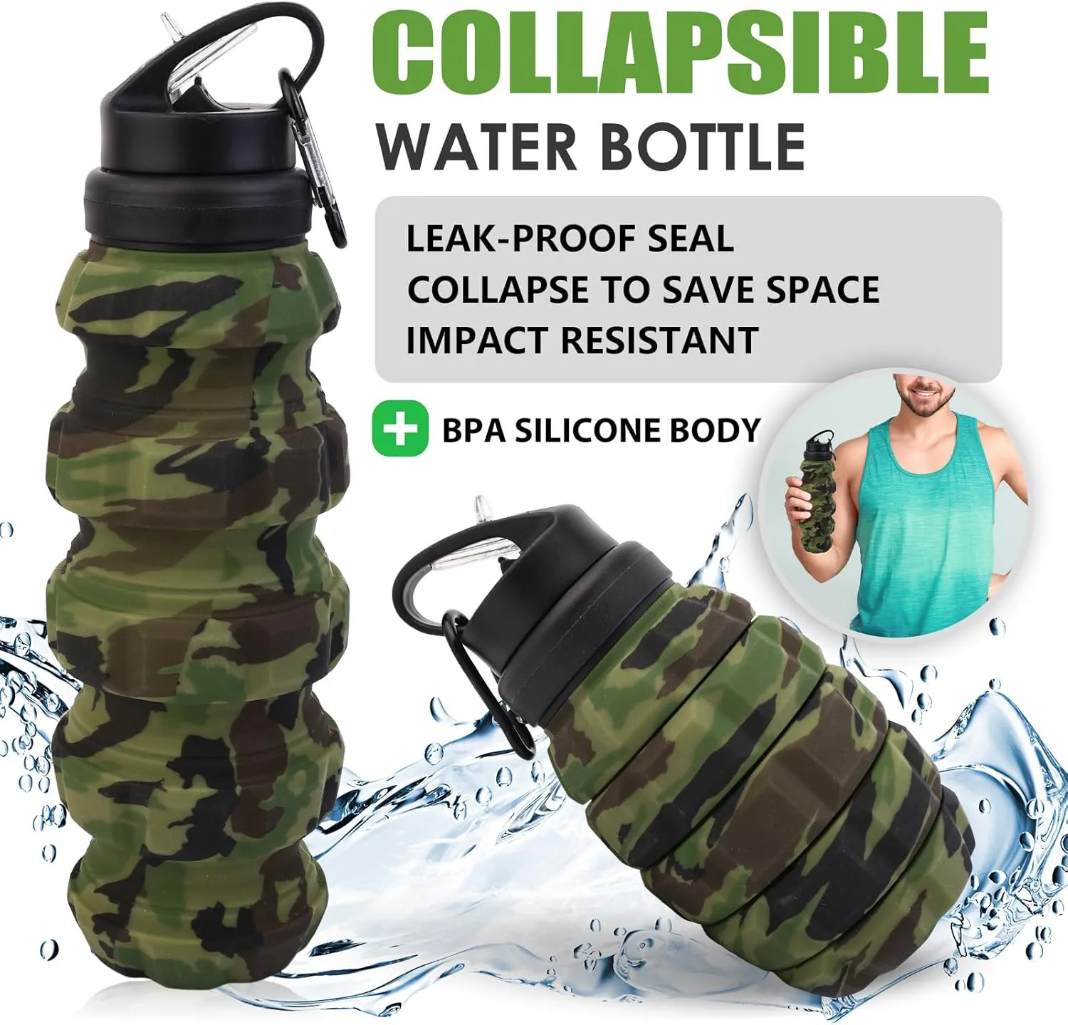 Collapsible Travel Water Bottle, Reuseable Silicone Foldable Water Bottles for Gym Camping Hiking, Portable Leak Proof Sports Water Army camouflage Bottle with rugby grenade Carabiner (Red)