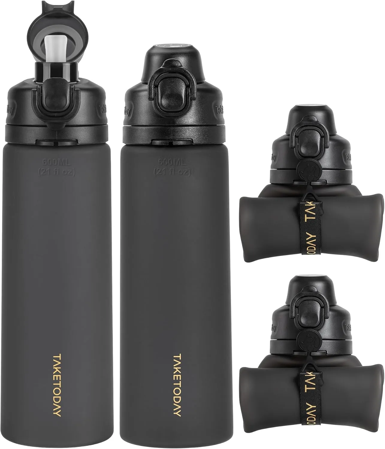 Collapsible Water Bottles 20oz, Leak Proof, BPA-Free, Foldable Silicone Travel Water Bottle with Straw Strap for Cycling, Hiking, Outdoors