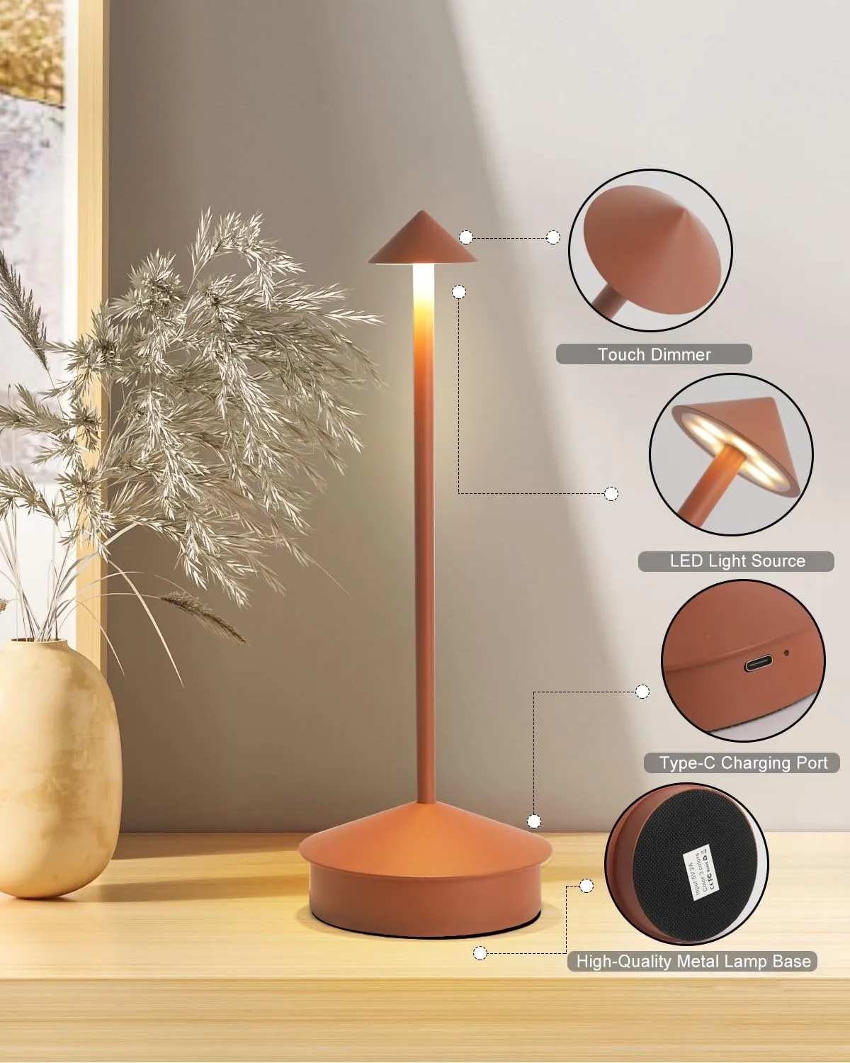 Cordless Table Lamp Desk lamps, 6000mAh Rechargeable Table Lamps, Portable LED Touch Lamp, Outdoor Battery Operated Dimmable Cordless Rechargeable Table Lamps for Restaurant/Patio- Black (1 Pcs Brown)