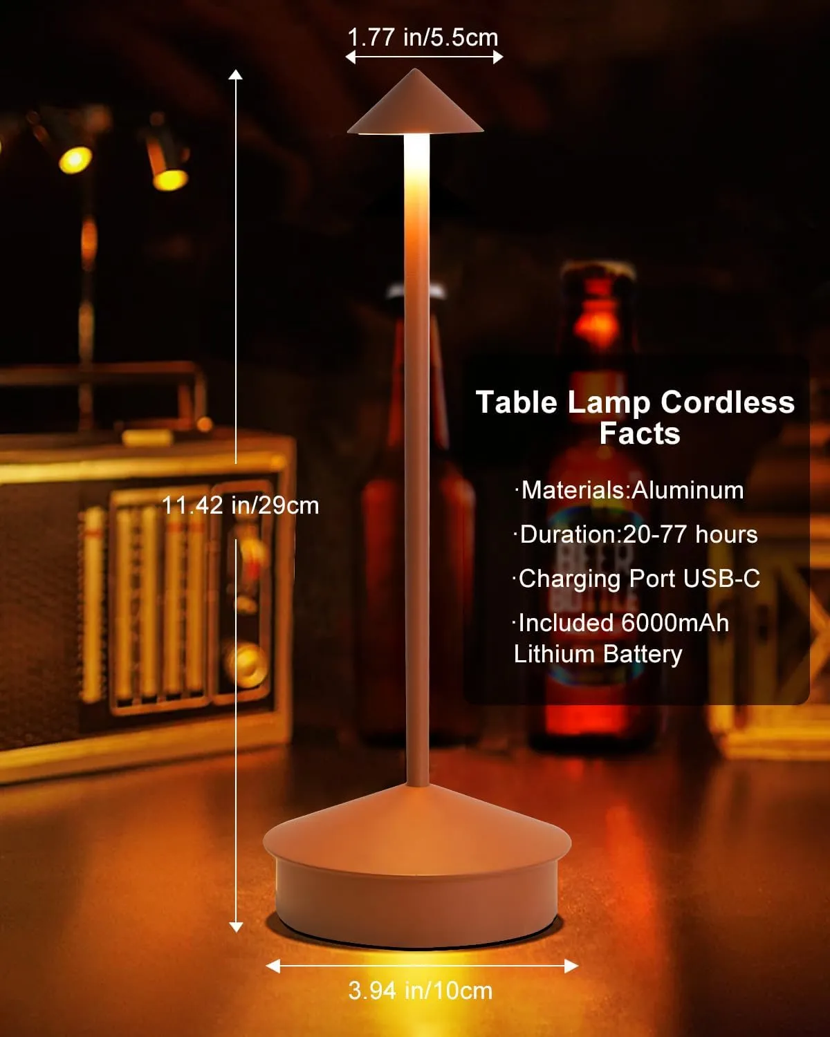 Cordless Table Lamp Desk lamps, 6000mAh Rechargeable Table Lamps, Portable LED Touch Lamp, Outdoor Battery Operated Dimmable Cordless Rechargeable Table Lamps for Restaurant/Patio- Black (1 Pcs Brown)