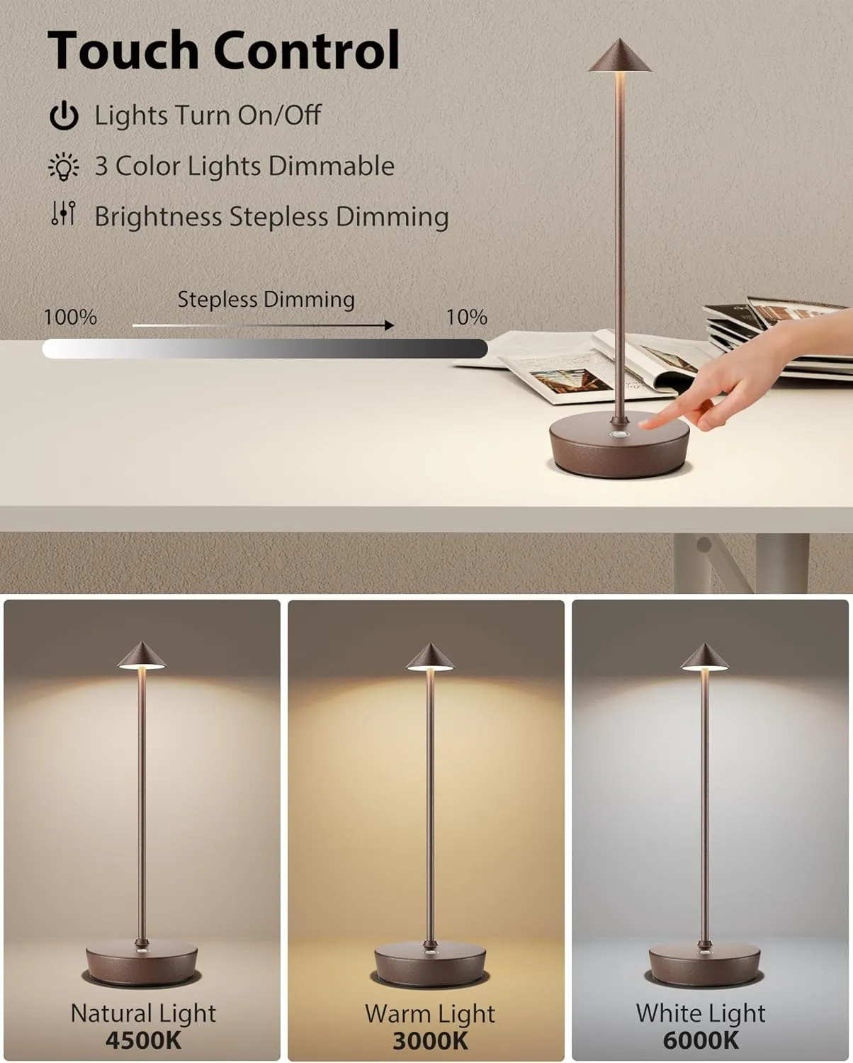 Cordless Table Lamps Rechargeable, 6000mAh Battery Operated LED Desk Lamp Outdoor Waterproof Portable Touch Dimmable Table Night Light for Patio Restaurant Dining Home Set of 2 Rust
