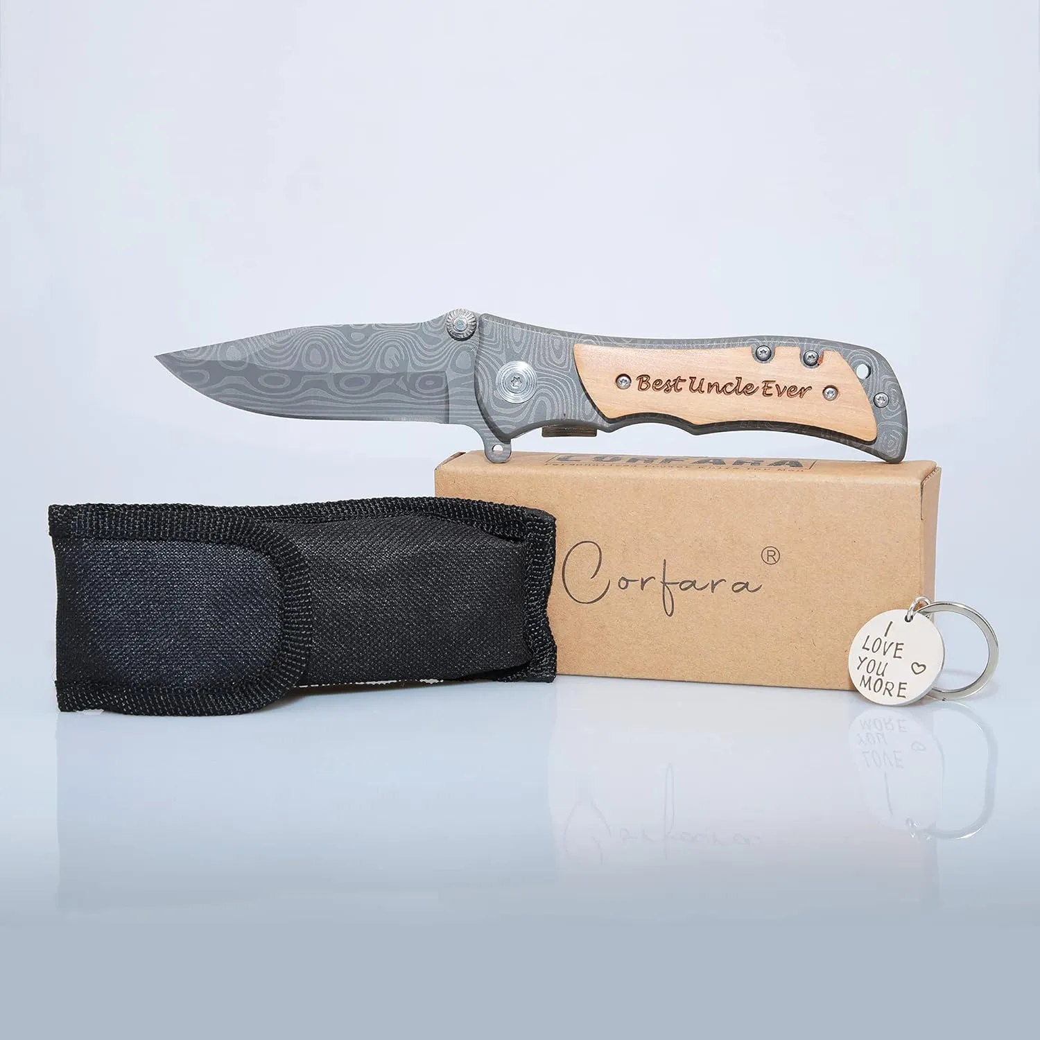 Corfara Engraved Tactical Survival Folding Pocket Knife with Wood Handle – Best Uncle Ever - Uncle Gifts for Birthday, Fathers Day, Christmas from Niece, Nephew