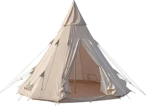Cotton Canvas Camping Pyramid Tent, Outdoor Glamping Bell Tent 4 x 4 x / 13 x 13 x 10ft, Indian Yurt Tent for 3~4 Person, Family Camping in All Seasons