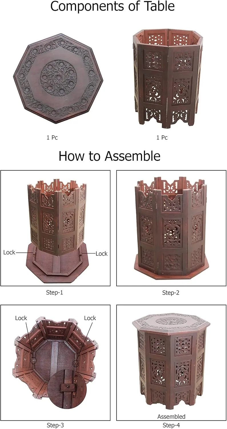COTTON CRAFT Solid Wood Accent End Table - Hand Carved Vintage Boho Folding Side Table - Small Spaces Entryway Farmhouse Living Room Bedside - No Tools Assembly - 18x18 Octagon - Brown