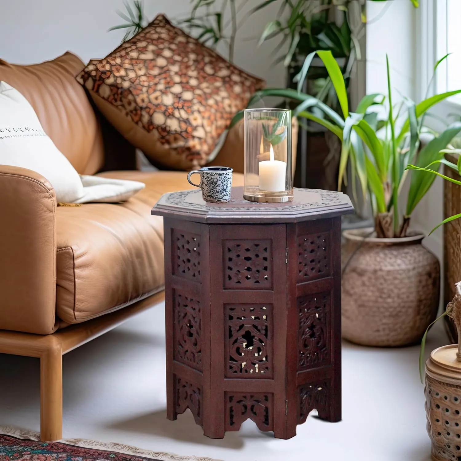 COTTON CRAFT Solid Wood Accent End Table - Hand Carved Vintage Boho Folding Side Table - Small Spaces Entryway Farmhouse Living Room Bedside - No Tools Assembly - 18x18 Octagon - Brown