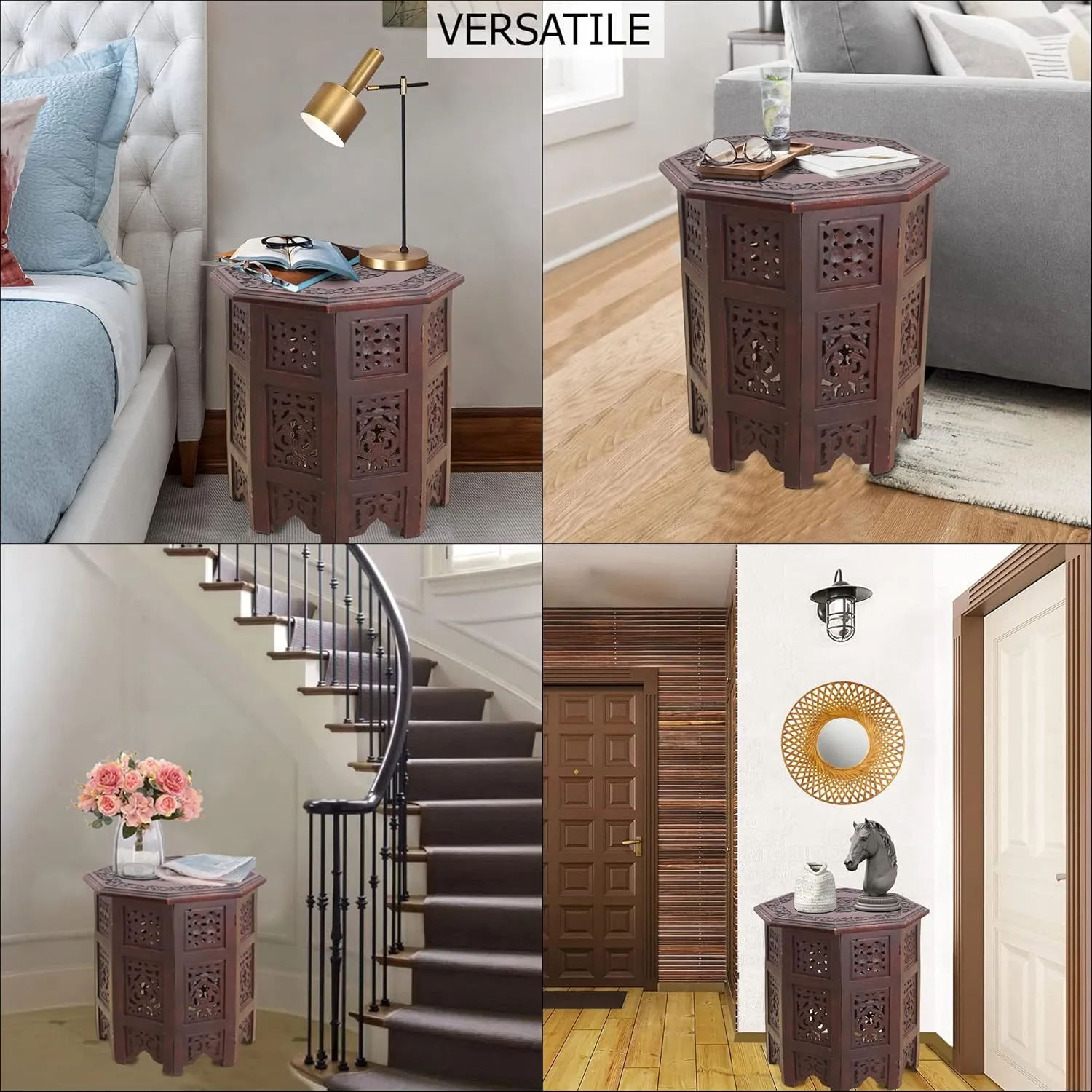 COTTON CRAFT Solid Wood Accent End Table - Hand Carved Vintage Boho Folding Side Table - Small Spaces Entryway Farmhouse Living Room Bedside - No Tools Assembly - 18x18 Octagon - Brown