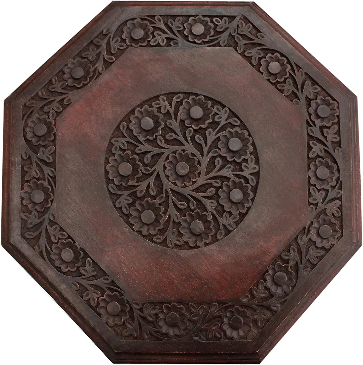 COTTON CRAFT Solid Wood Accent End Table - Hand Carved Vintage Boho Folding Side Table - Small Spaces Entryway Farmhouse Living Room Bedside - No Tools Assembly - 18x18 Octagon - Brown