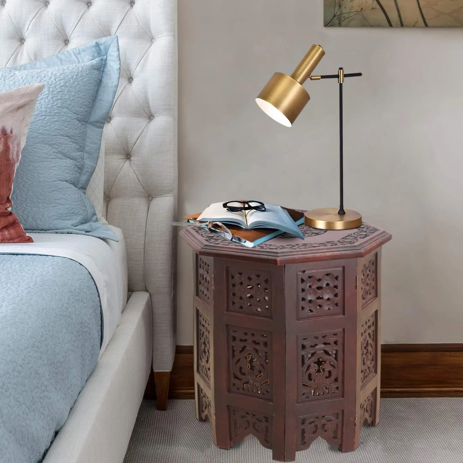COTTON CRAFT Solid Wood Accent End Table - Hand Carved Vintage Boho Folding Side Table - Small Spaces Entryway Farmhouse Living Room Bedside - No Tools Assembly - 18x18 Octagon - Brown