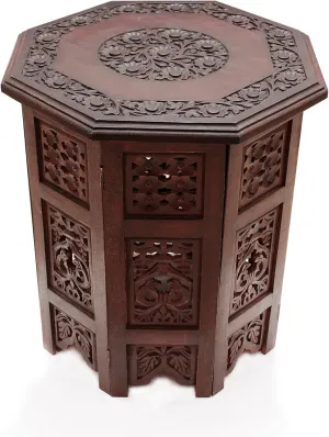 COTTON CRAFT Solid Wood Accent End Table - Hand Carved Vintage Boho Folding Side Table - Small Spaces Entryway Farmhouse Living Room Bedside - No Tools Assembly - 18x18 Octagon - Brown