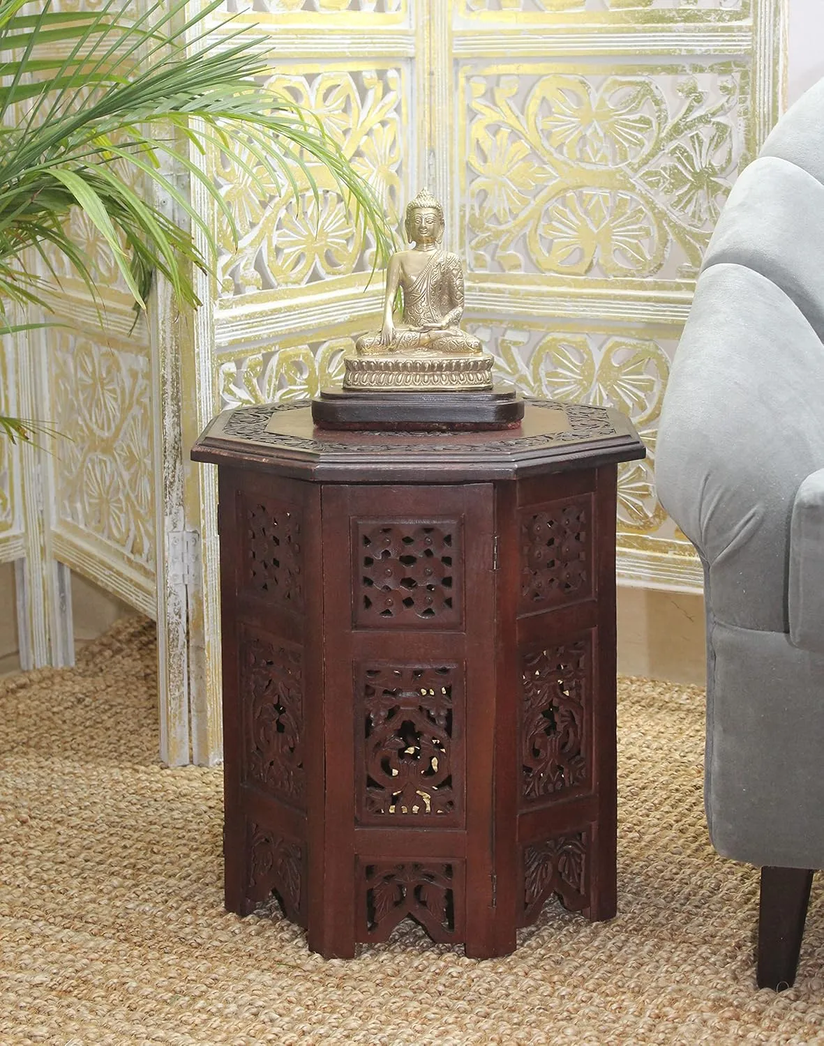 COTTON CRAFT Solid Wood Accent End Table - Hand Carved Vintage Boho Folding Side Table - Small Spaces Entryway Farmhouse Living Room Bedside - No Tools Assembly - 18x18 Octagon - Brown