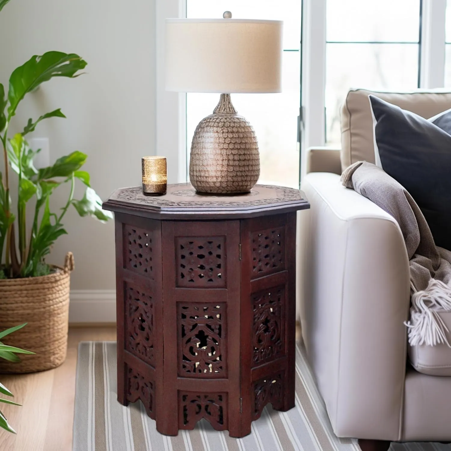 COTTON CRAFT Solid Wood Accent End Table - Hand Carved Vintage Boho Folding Side Table - Small Spaces Entryway Farmhouse Living Room Bedside - No Tools Assembly - 18x18 Octagon - Brown