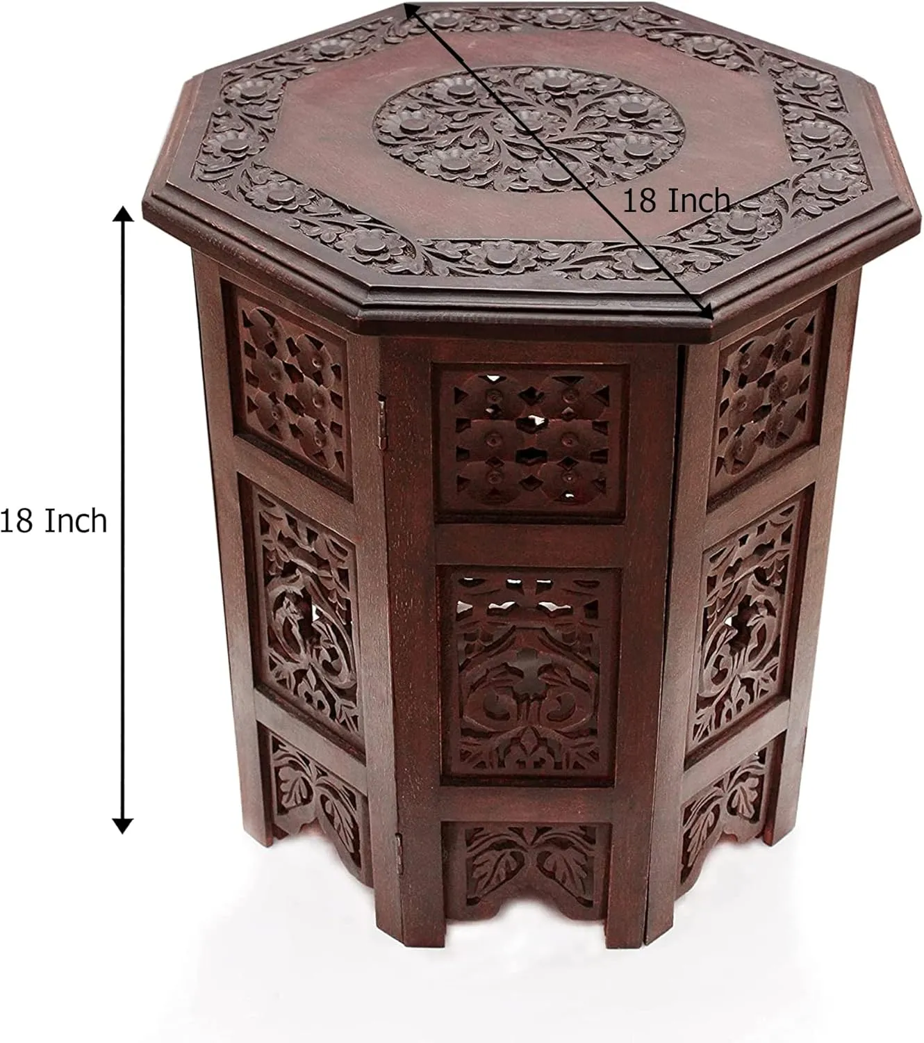 COTTON CRAFT Solid Wood Accent End Table - Hand Carved Vintage Boho Folding Side Table - Small Spaces Entryway Farmhouse Living Room Bedside - No Tools Assembly - 18x18 Octagon - Brown