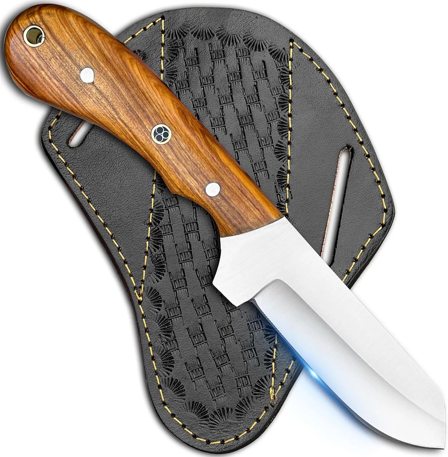 Cowboy Knives with Leather Sheath - 8” Sharp Handmade Steel Bull Cutter Knife - EDC Fixed Blade Hunting Knife for Skinning, Camping, Bushcrafting and Outdoor Activities, white, brown