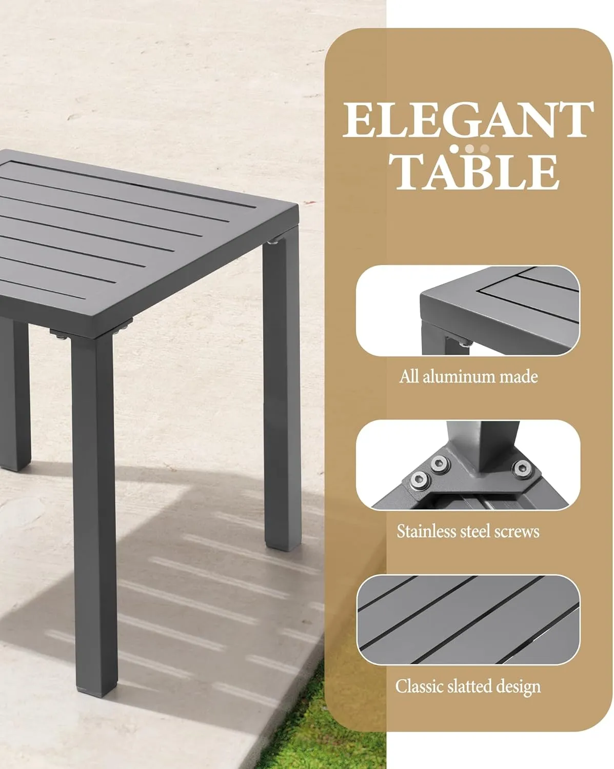 Crestlive Products Aluminum Outdoor Side Table, Pool Lounge Chair Side Table, Weather Resistant Small Square Coffee End Table for Patio, Yard, Garden, Porch, Deck, Indoor, Outdoor (Light Gray)