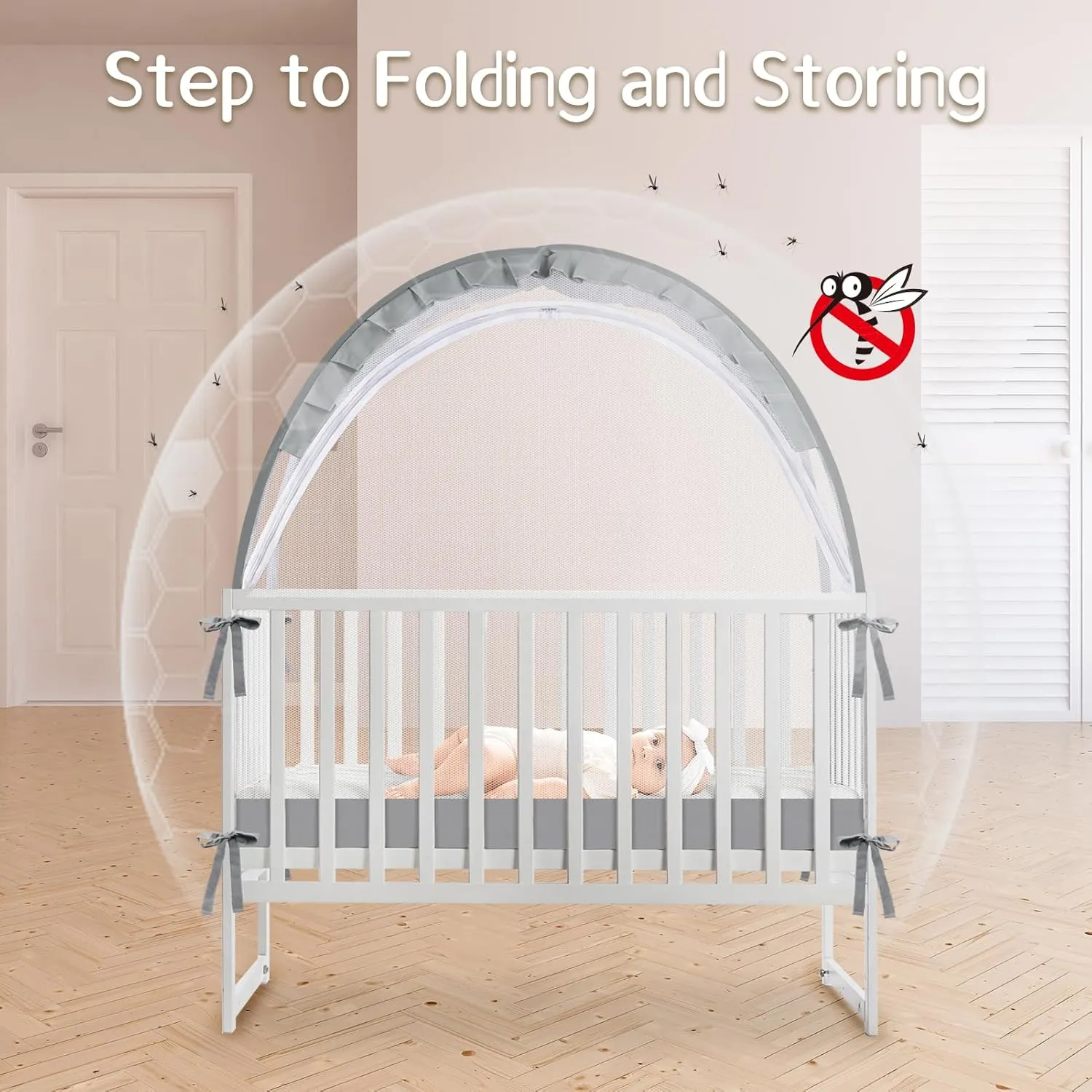 Crib Tent to Keep Baby from Climbing Out - Crib Net to Keep Baby in - Mesh Crib Climbing Prevention, Pop Up Baby Crib Tent, Two-Way Self-Locking Metal Zipper (Grey, Lager)