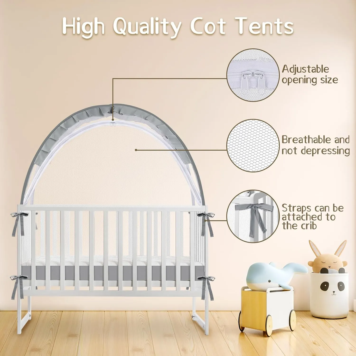 Crib Tent to Keep Baby from Climbing Out - Crib Net to Keep Baby in - Mesh Crib Climbing Prevention, Pop Up Baby Crib Tent, Two-Way Self-Locking Metal Zipper (Grey, Lager)