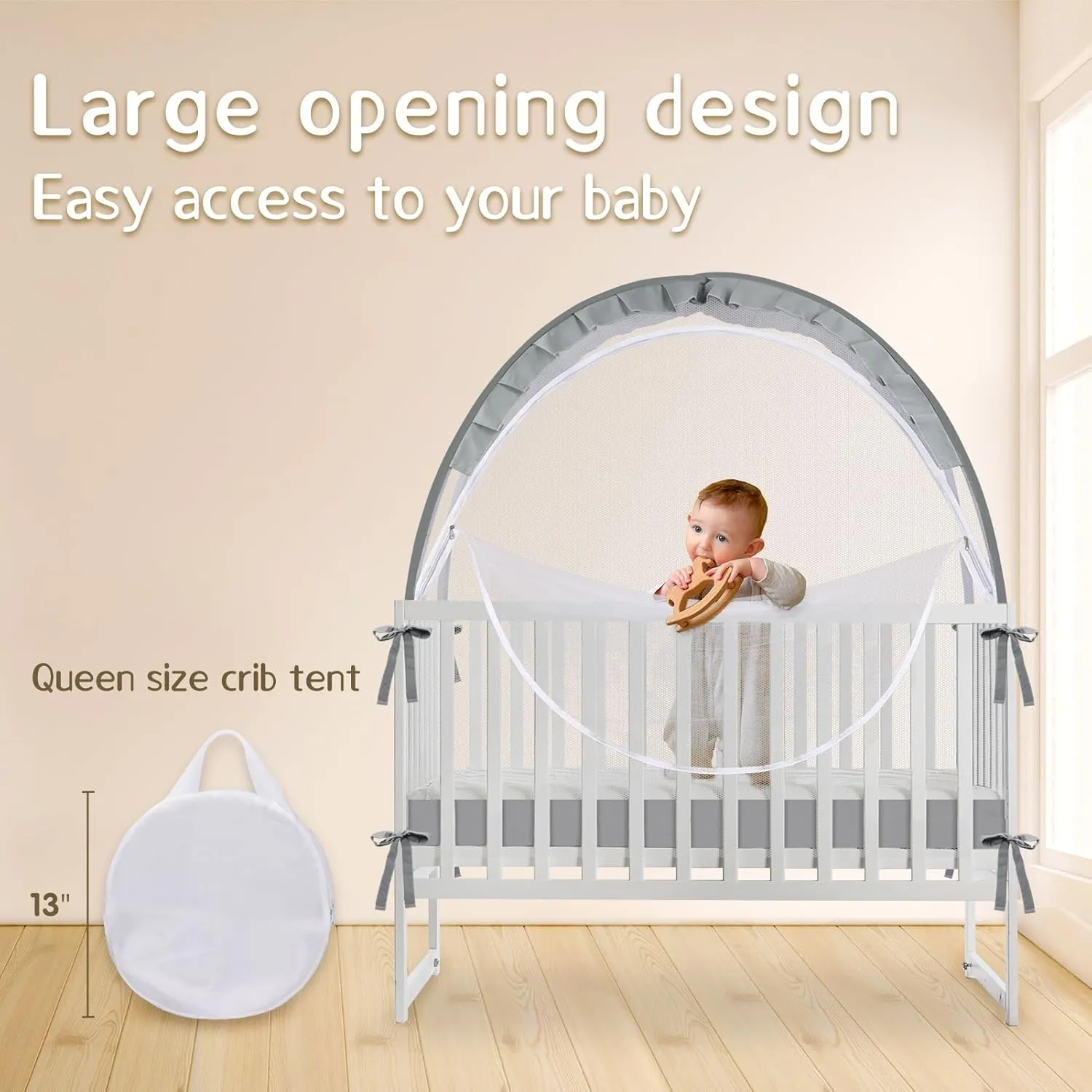 Crib Tent to Keep Baby from Climbing Out - Crib Net to Keep Baby in - Mesh Crib Climbing Prevention, Pop Up Baby Crib Tent, Two-Way Self-Locking Metal Zipper (Grey, Lager)