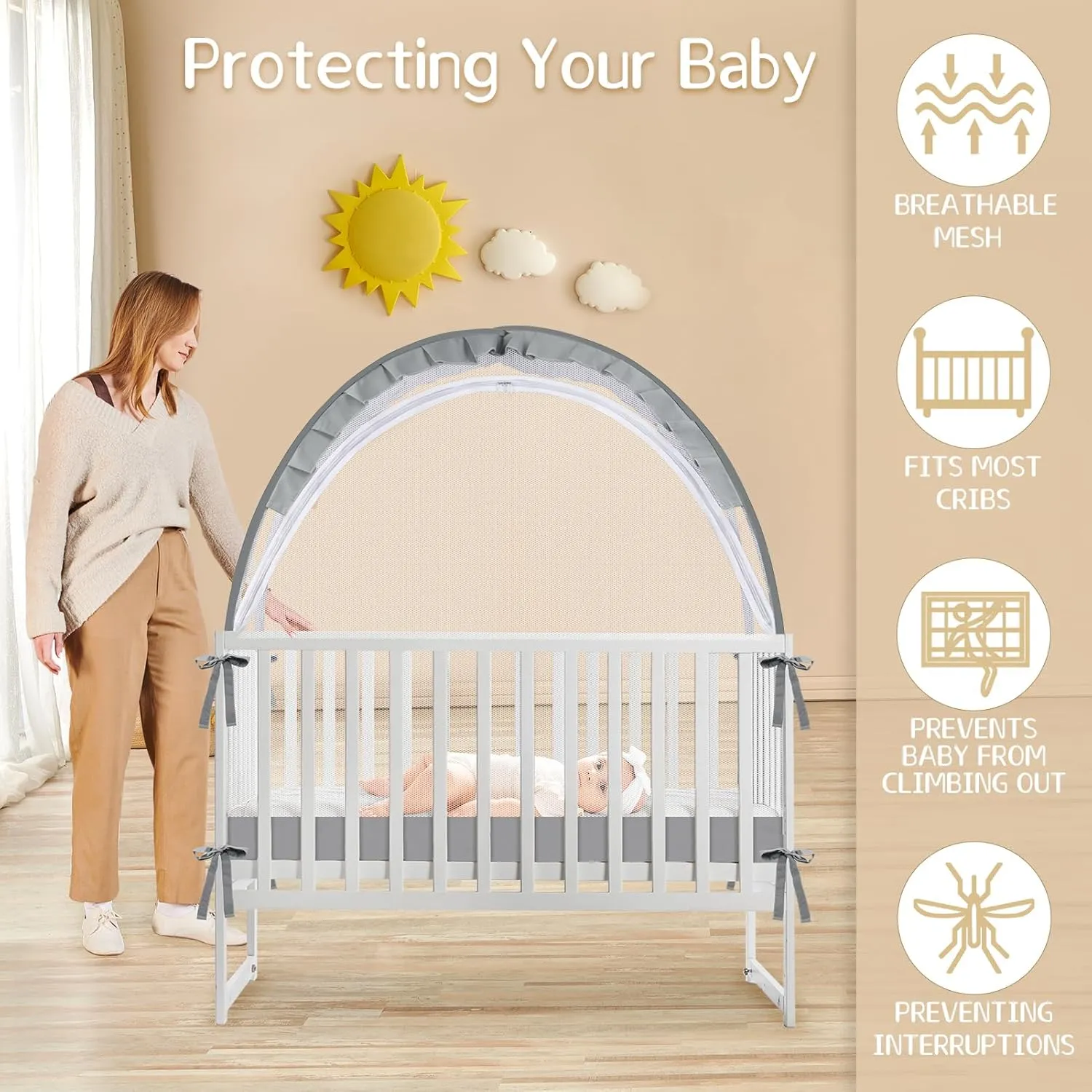 Crib Tent to Keep Baby from Climbing Out - Crib Net to Keep Baby in - Mesh Crib Climbing Prevention, Pop Up Baby Crib Tent, Two-Way Self-Locking Metal Zipper (Grey, Lager)