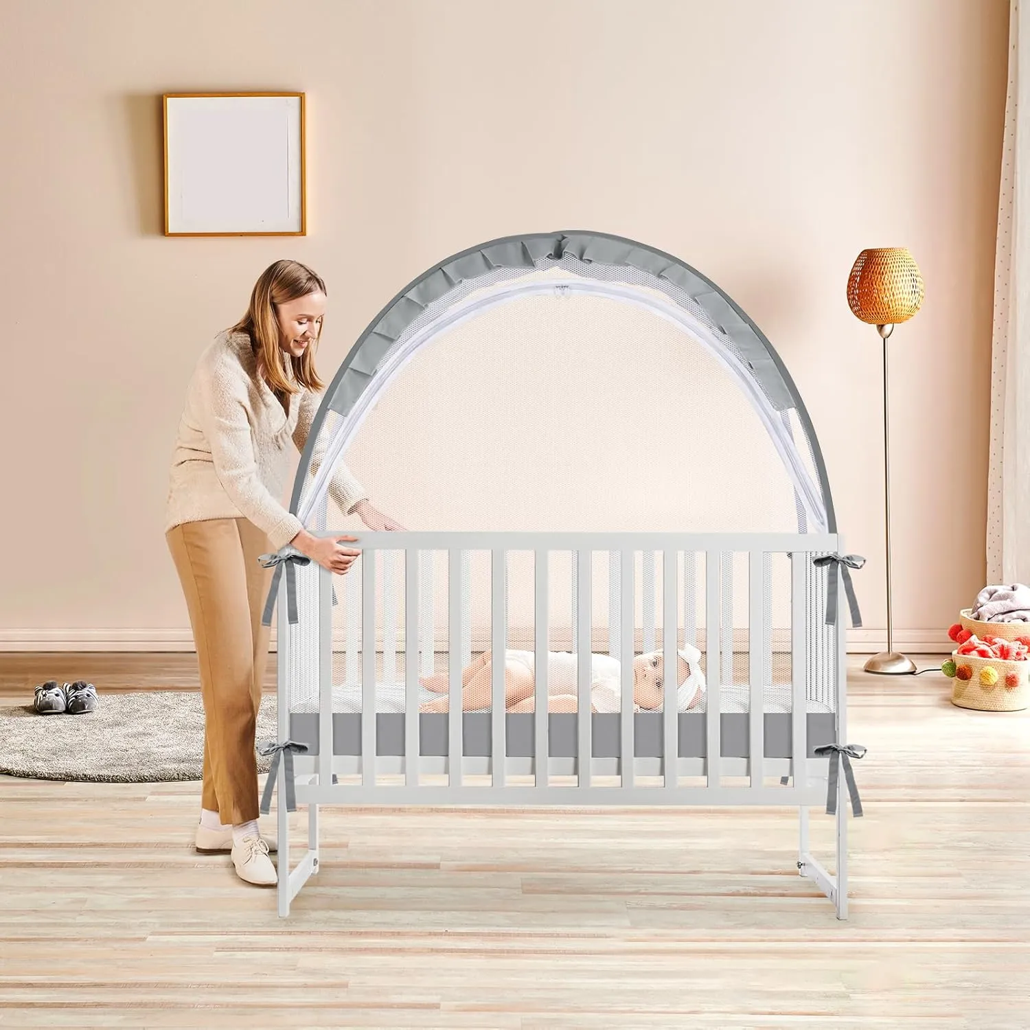 Crib Tent to Keep Baby from Climbing Out - Crib Net to Keep Baby in - Mesh Crib Climbing Prevention, Pop Up Baby Crib Tent, Two-Way Self-Locking Metal Zipper (Grey, Lager)
