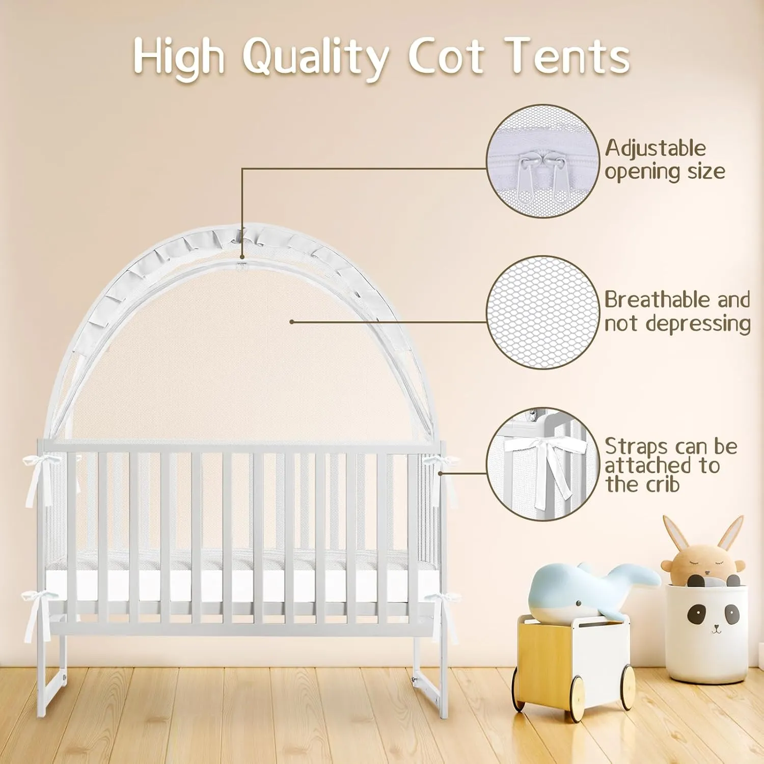 Crib Tent to Keep Baby from Climbing Out - Mesh Climbing Prevention, Pop Up Tent with Two-Way Self-Locking Metal Zipper (White, Lager)