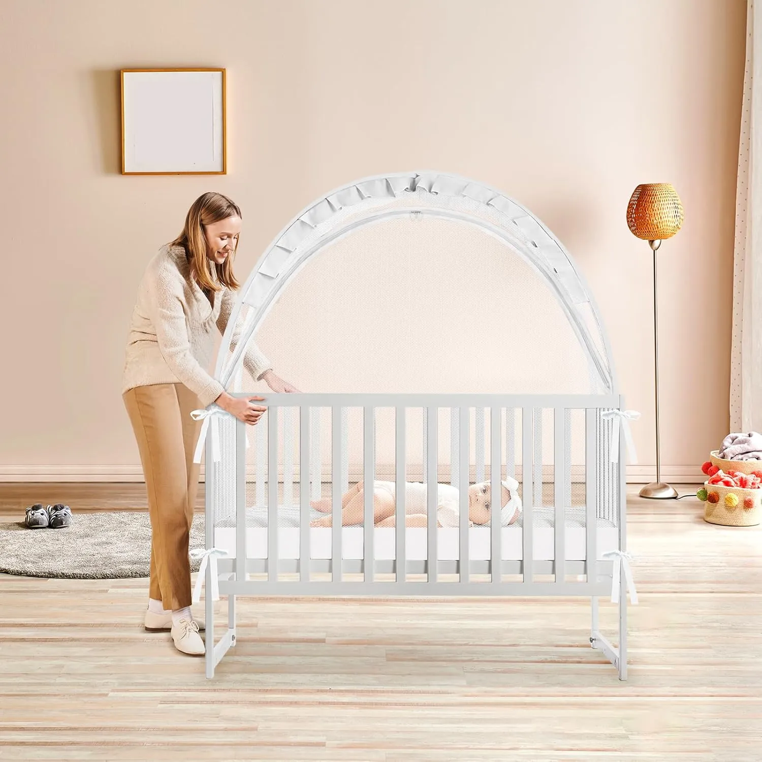Crib Tent to Keep Baby from Climbing Out - Mesh Climbing Prevention, Pop Up Tent with Two-Way Self-Locking Metal Zipper (White, Lager)