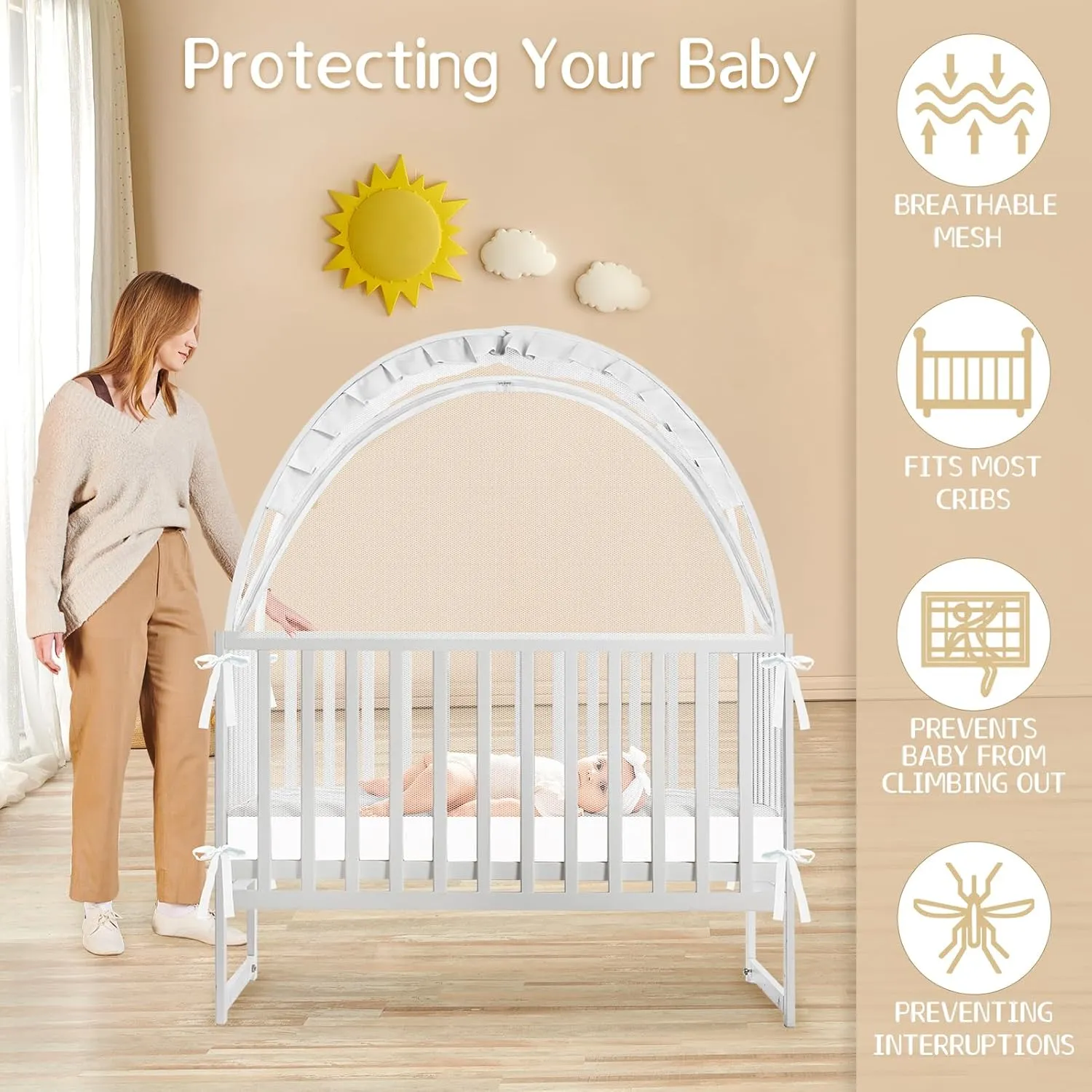 Crib Tent to Keep Baby from Climbing Out - Mesh Climbing Prevention, Pop Up Tent with Two-Way Self-Locking Metal Zipper (White, Lager)