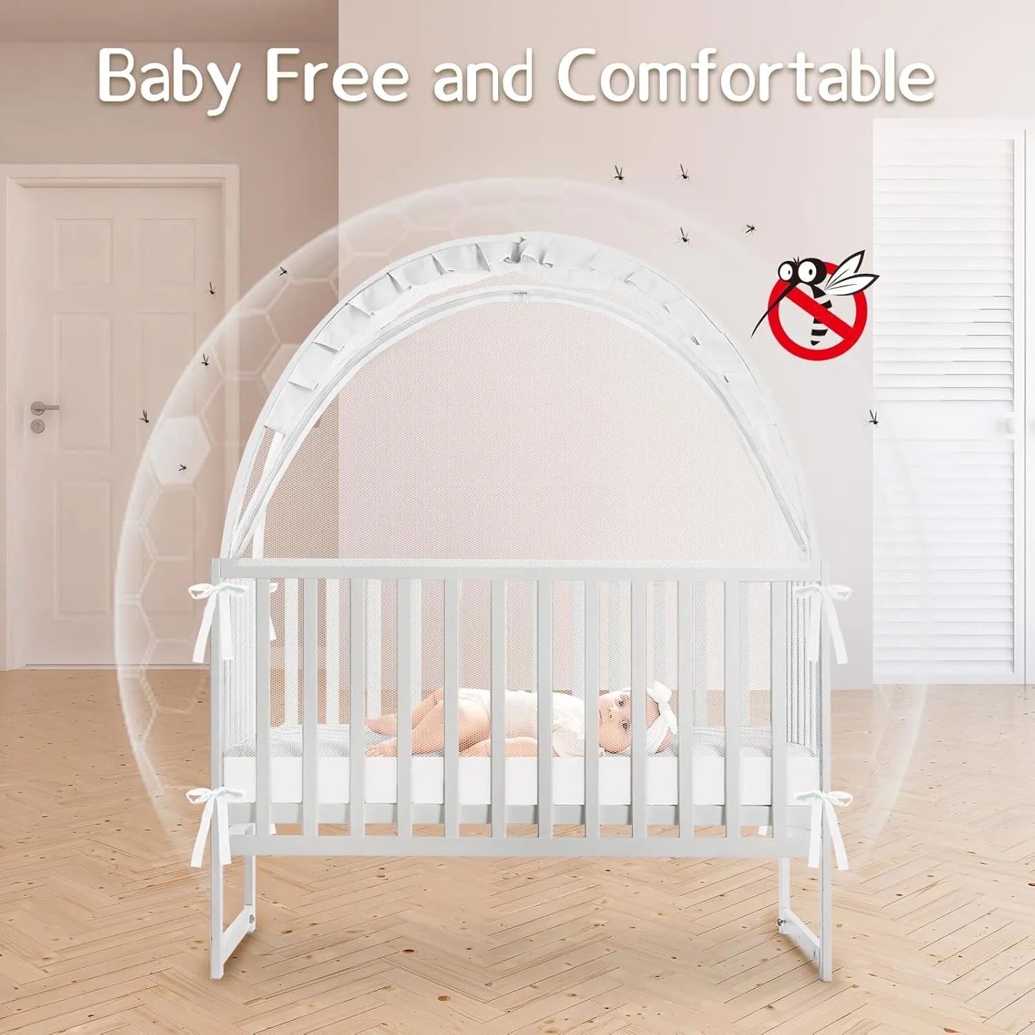 Crib Tent to Keep Baby from Climbing Out - Mesh Climbing Prevention, Pop Up Tent with Two-Way Self-Locking Metal Zipper (White, Lager)