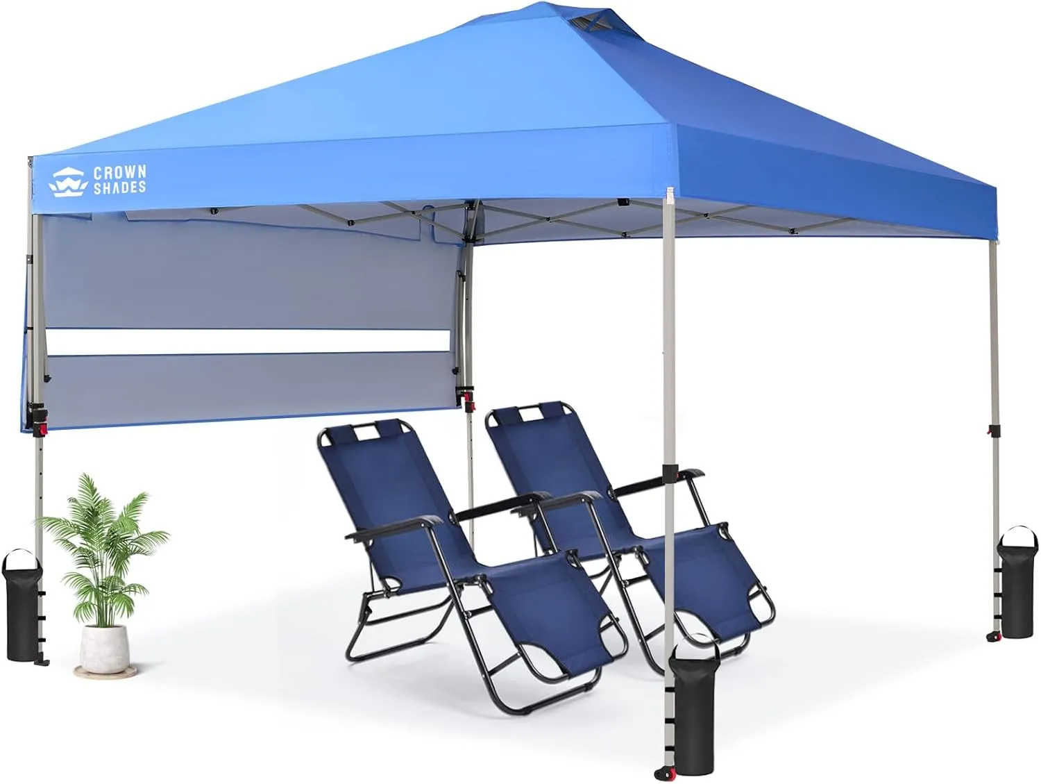 CROWN SHADES 10x10 Pop up Canopy Tent, Instant Commercial Canopy with Extend Awning, Patended Centerlock, 150D Silver Coated Fabric, 4 Ropes, 8 Stakes, 4 Weight Bags, STO 'N Go Bag, Blue