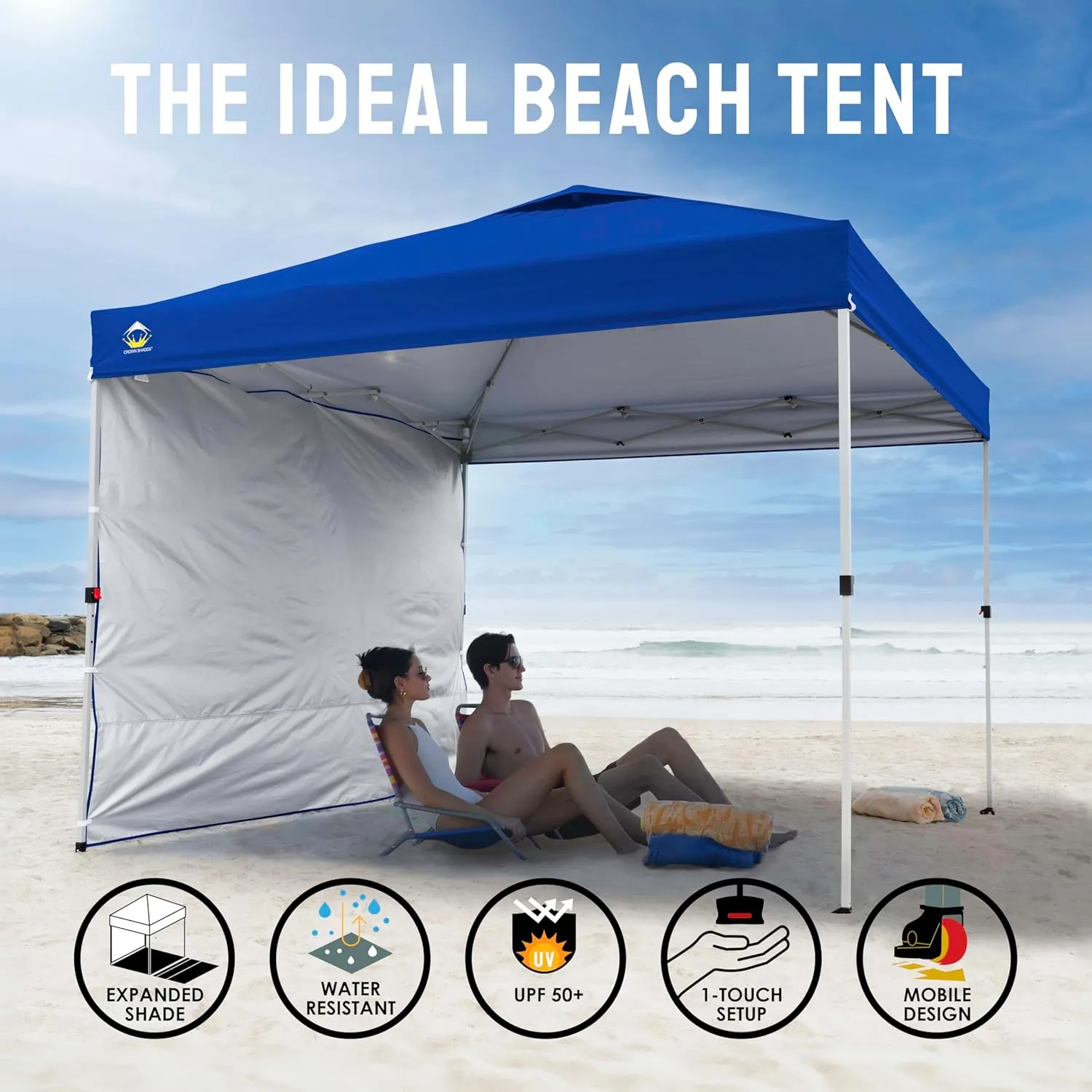 CROWN SHADES 10x10 Pop Up Canopy with 1 Side Wall - Beach Tent with One Push Setup - Outdoor Sun Shade for Events, Parties, Camping - Gazebo with STO-N-Go Cover Bag (Navy Blue)