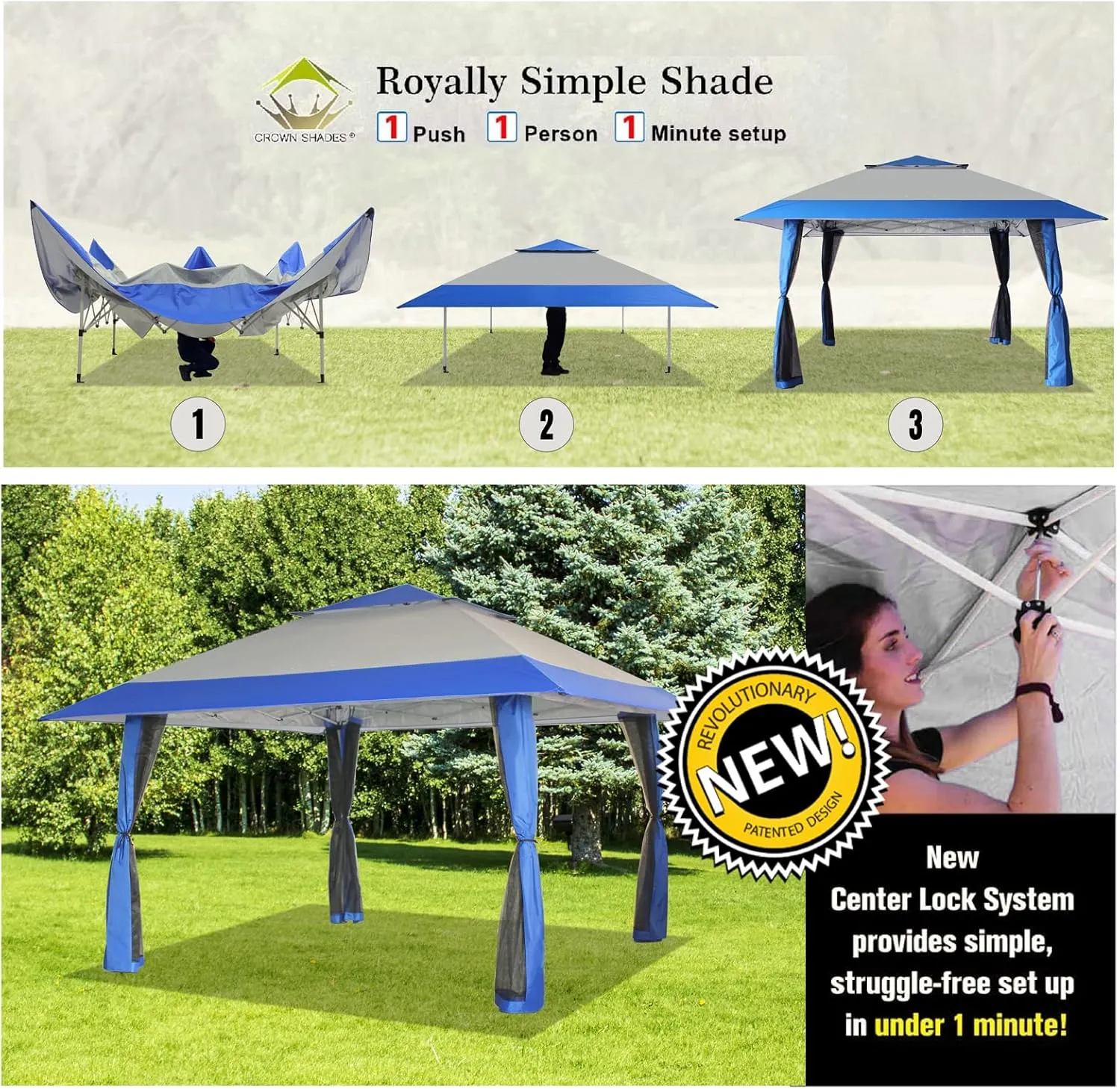CROWN SHADES 13x13 Pop Up Gazebo, Canopy Tent, Gazebos on Clearance - Outdoor Gazebo for Backyard & Patio Furniture - Carpa Pop Up Tent with Wheeled STO-N-Go Cover Bag (Blue & Grey)