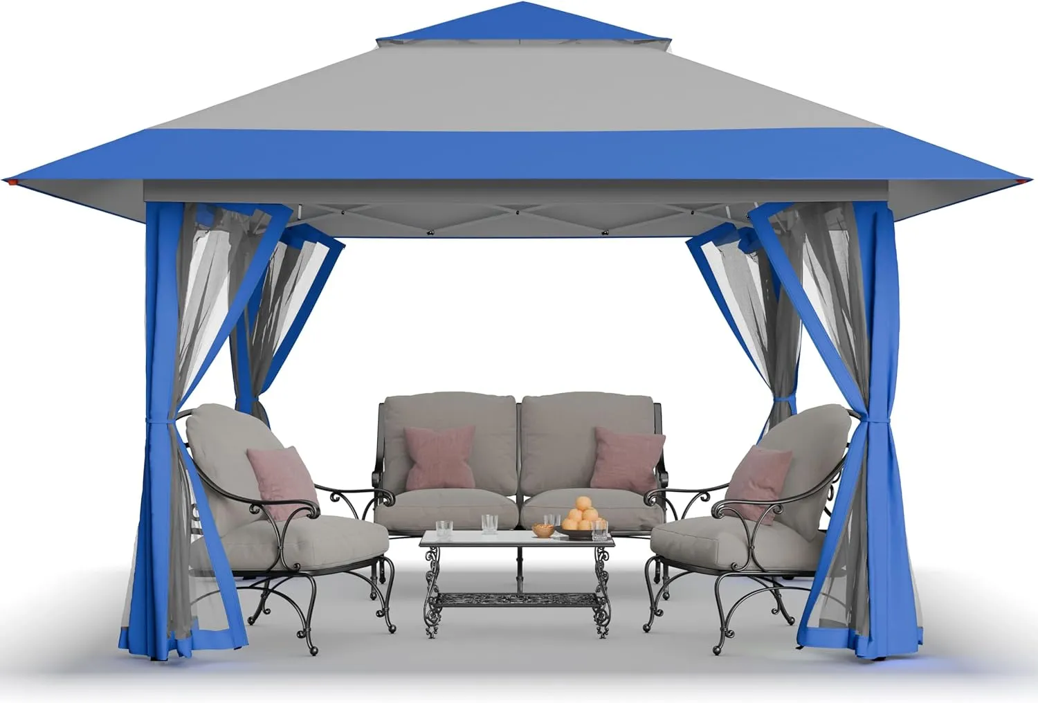 CROWN SHADES 13x13 Pop Up Gazebo, Canopy Tent, Gazebos on Clearance - Outdoor Gazebo for Backyard & Patio Furniture - Carpa Pop Up Tent with Wheeled STO-N-Go Cover Bag (Blue & Grey)