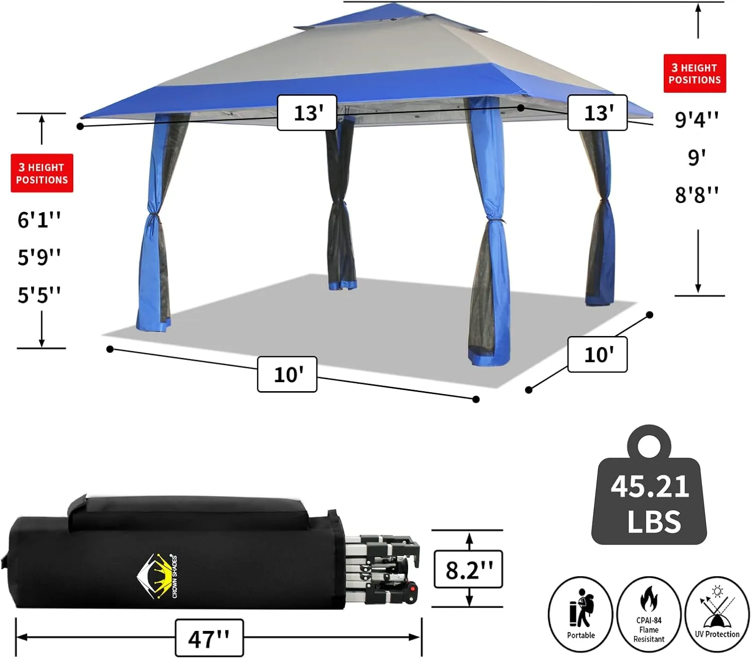 CROWN SHADES 13x13 Pop Up Gazebo, Canopy Tent, Gazebos on Clearance - Outdoor Gazebo for Backyard & Patio Furniture - Carpa Pop Up Tent with Wheeled STO-N-Go Cover Bag (Blue & Grey)