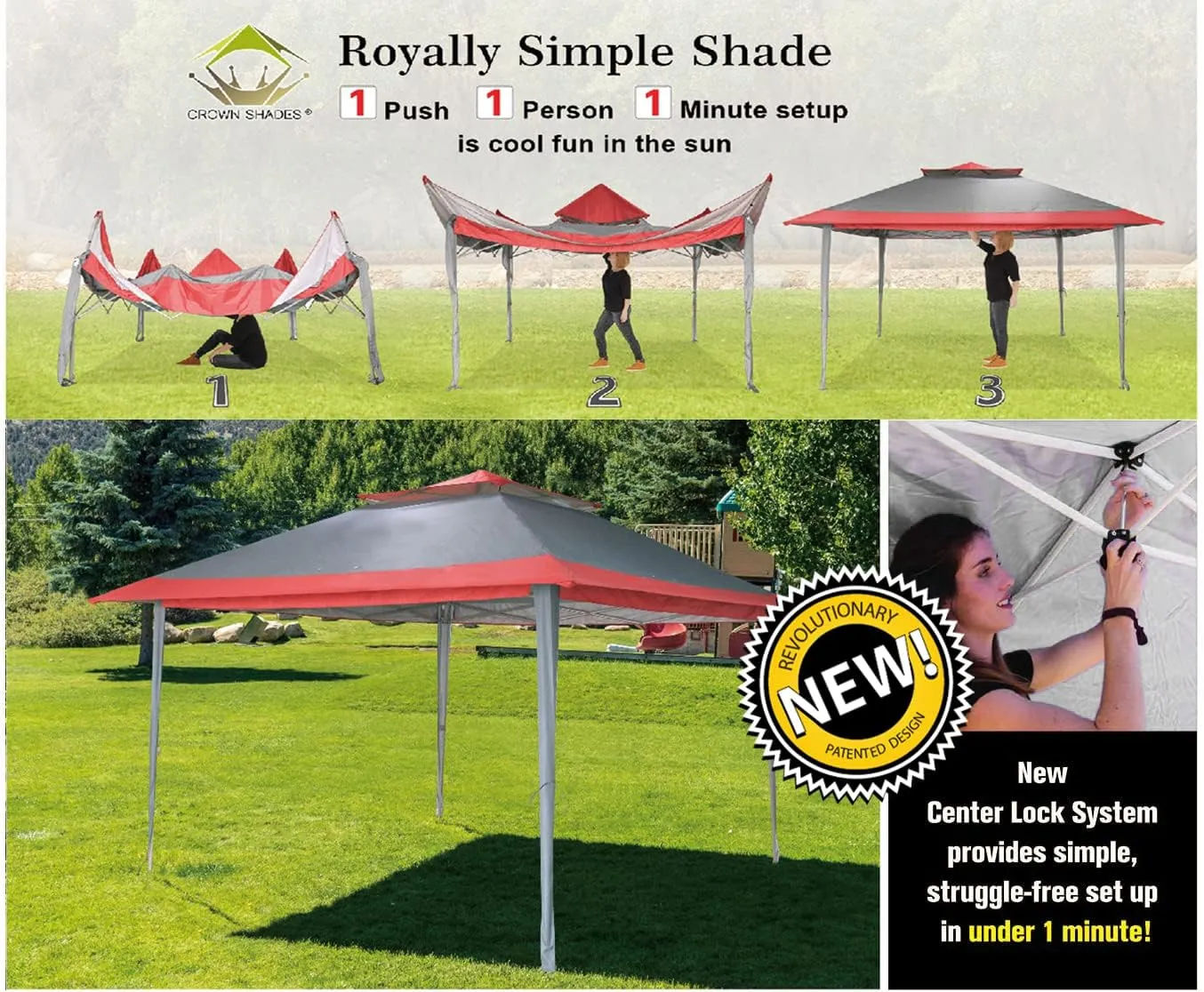CROWN SHADES 13x13 Pop Up Gazebo, Canopy Tent, Gazebos on Clearance - Outdoor Gazebo for Backyard & Patio Furniture - Carpa Pop Up Tent with Wheeled STO-N-Go Cover Bag (Red & Grey)