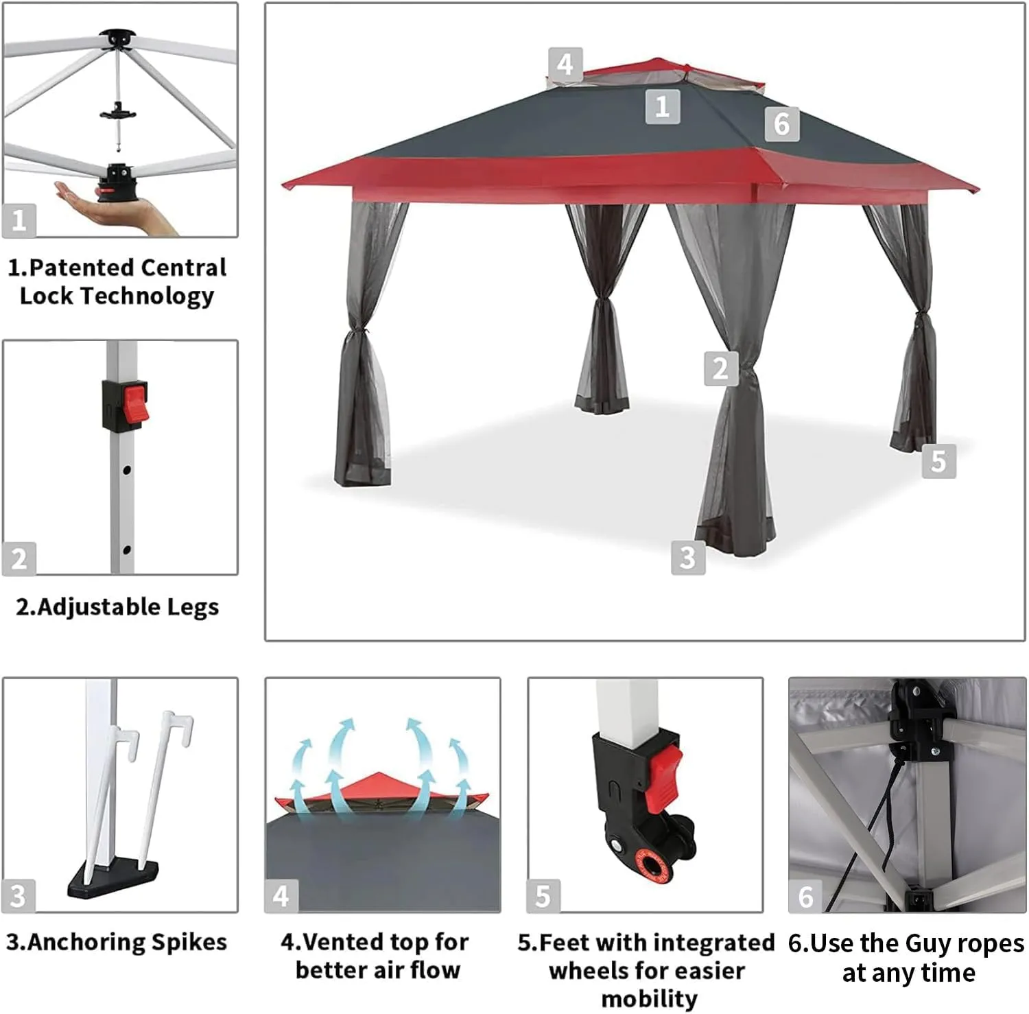 CROWN SHADES 13x13 Pop Up Gazebo, Canopy Tent, Gazebos on Clearance - Outdoor Gazebo for Backyard & Patio Furniture - Carpa Pop Up Tent with Wheeled STO-N-Go Cover Bag (Red & Grey)