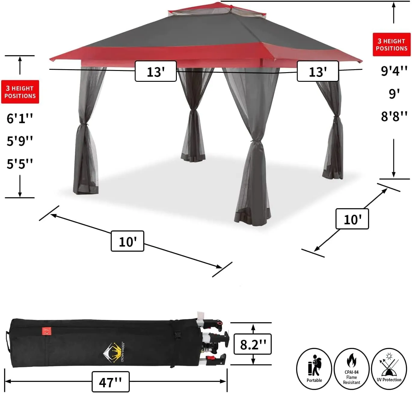 CROWN SHADES 13x13 Pop Up Gazebo, Canopy Tent, Gazebos on Clearance - Outdoor Gazebo for Backyard & Patio Furniture - Carpa Pop Up Tent with Wheeled STO-N-Go Cover Bag (Red & Grey)