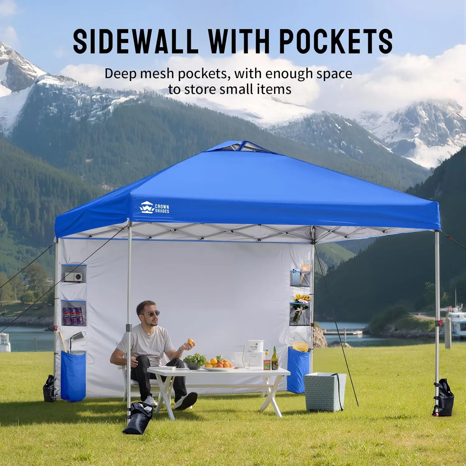CROWN SHADES Canopy Tent, 10 x 10 Foot Portable Pop Up Outdoor Shelter with Pocket Sidewall, Push Center Lock, UV Protection, and Carry Bag, Blue