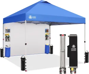 CROWN SHADES Canopy Tent, 10 x 10 Foot Portable Pop Up Outdoor Shelter with Pocket Sidewall, Push Center Lock, UV Protection, and Carry Bag, Blue
