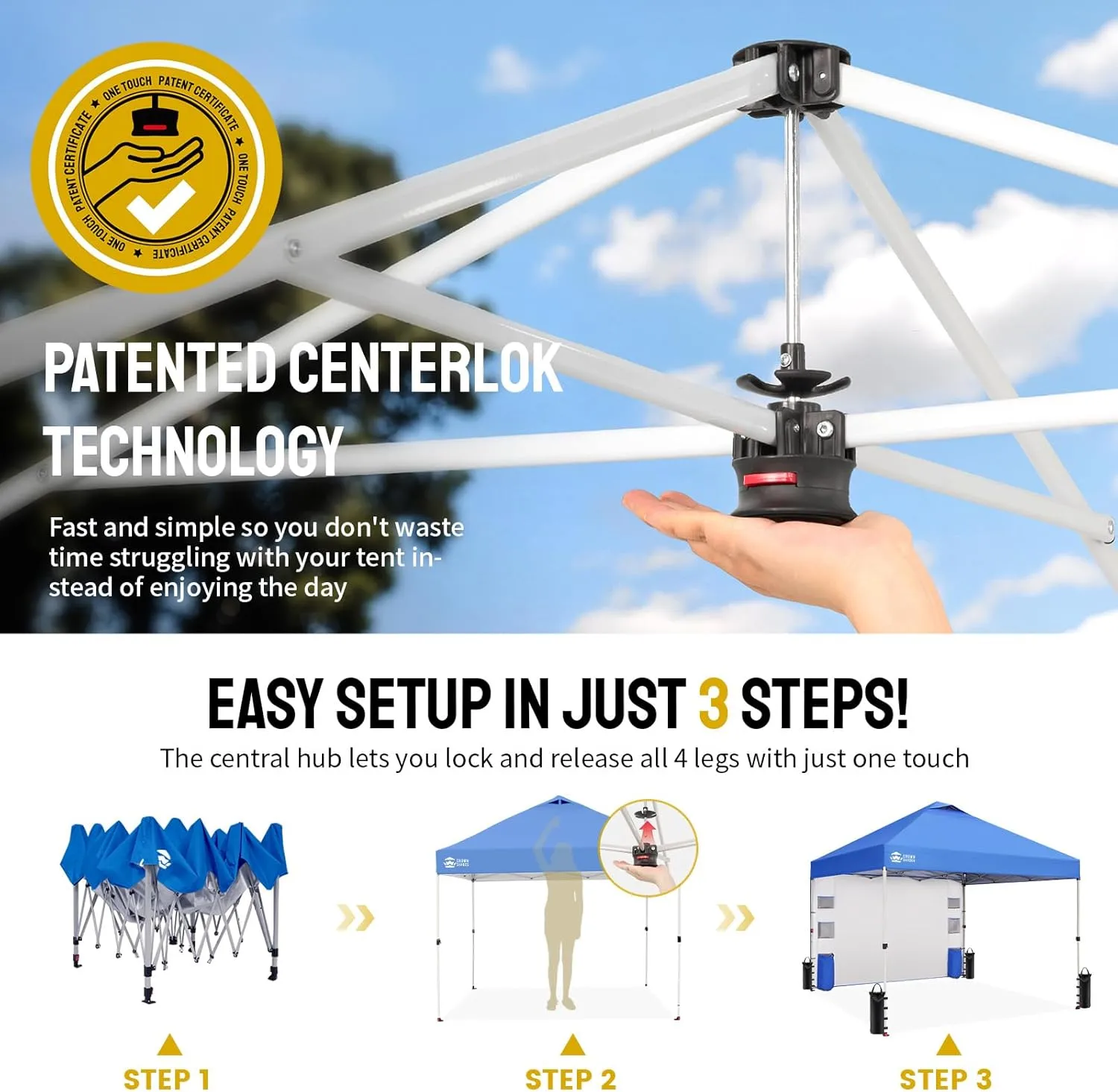 CROWN SHADES Canopy Tent, 10 x 10 Foot Portable Pop Up Outdoor Shelter with Pocket Sidewall, Push Center Lock, UV Protection, and Carry Bag, Blue