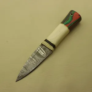 Custom Hand Forged Damascus Steel Celtic Scottish Sgian Dubh Plain Top Knife Scotland (Cream/Multi)