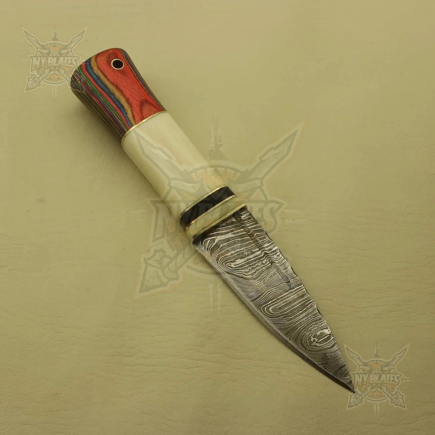Custom Hand Forged Damascus Steel Celtic Scottish Sgian Dubh Plain Top Knife Scotland (Cream/Multi)