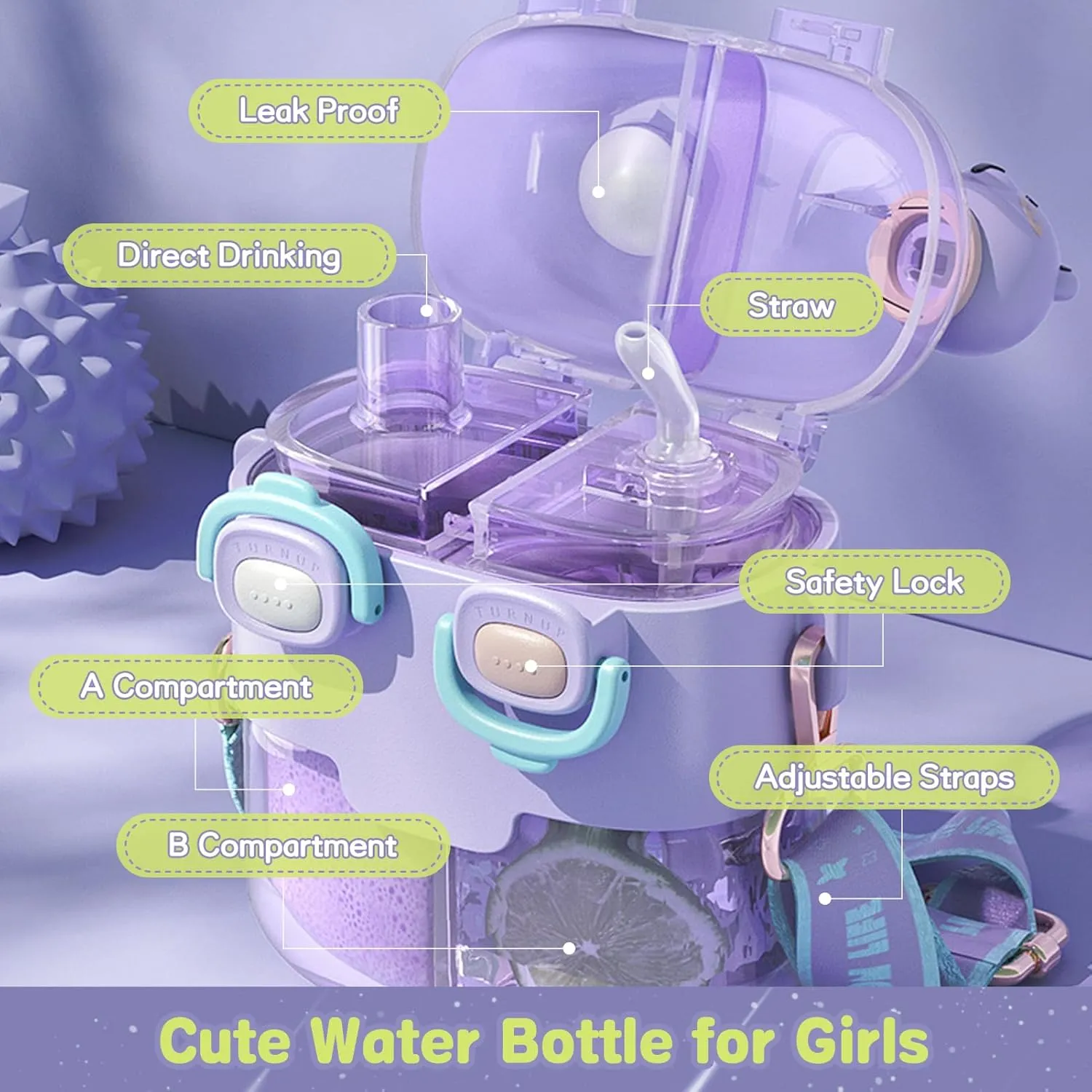 Cute Water Bottle for Girls, 26oz Kawaii Water Bottle with Compartment, Kids Bottles with Straw and Strap, BPA-Free, Leak-Proof Plastic Drinking Cup, Gift for Kids & Girls (Green)