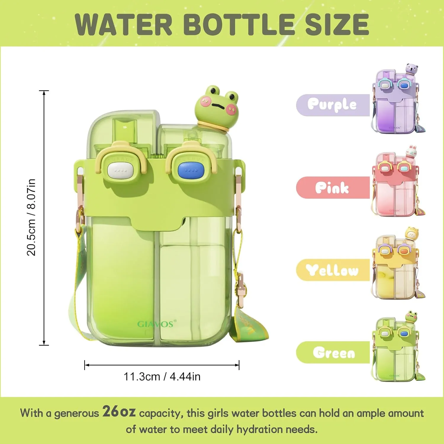 Cute Water Bottle for Girls, 26oz Kawaii Water Bottle with Compartment, Kids Bottles with Straw and Strap, BPA-Free, Leak-Proof Plastic Drinking Cup, Gift for Kids & Girls (Green)