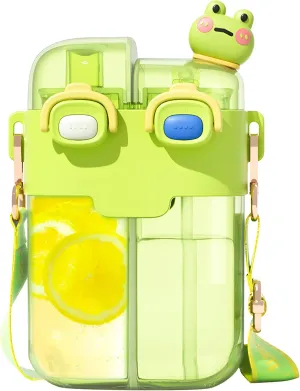 Cute Water Bottle for Girls, 26oz Kawaii Water Bottle with Compartment, Kids Bottles with Straw and Strap, BPA-Free, Leak-Proof Plastic Drinking Cup, Gift for Kids & Girls (Green)