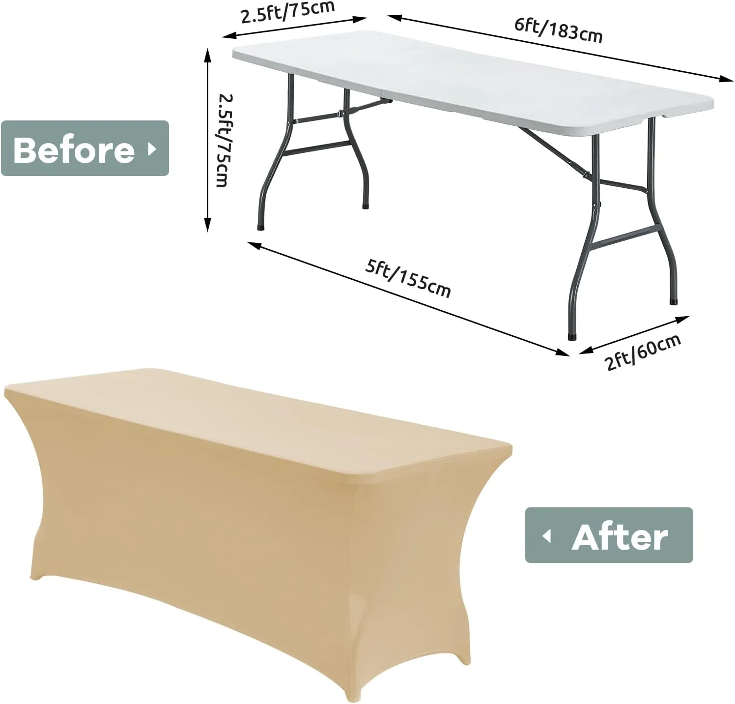 CWK 6FT Stretch Spandex Table Cover for Rectangular Tables - Elastic Fitted Tablecloth for Folding Tables,Wrinkle Resistant,Durable Table Protector for Parties, Weddings, Banquets & Events (Champagne)