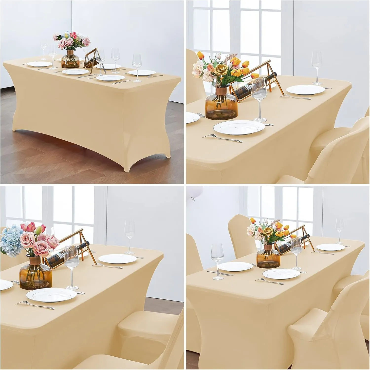 CWK 6FT Stretch Spandex Table Cover for Rectangular Tables - Elastic Fitted Tablecloth for Folding Tables,Wrinkle Resistant,Durable Table Protector for Parties, Weddings, Banquets & Events (Champagne)