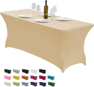 CWK 6FT Stretch Spandex Table Cover for Rectangular Tables - Elastic Fitted Tablecloth for Folding Tables,Wrinkle Resistant,Durable Table Protector for Parties, Weddings, Banquets & Events (Champagne)