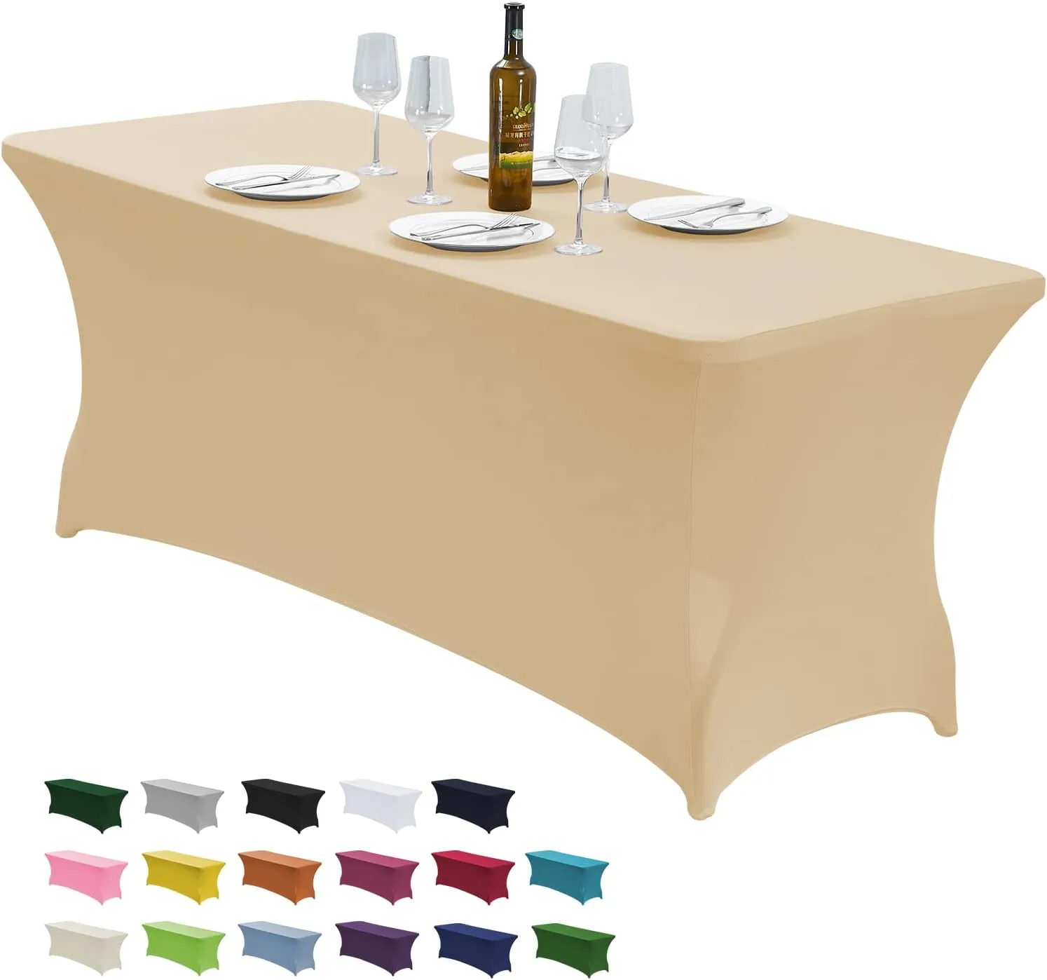CWK 6FT Stretch Spandex Table Cover for Rectangular Tables - Elastic Fitted Tablecloth for Folding Tables,Wrinkle Resistant,Durable Table Protector for Parties, Weddings, Banquets & Events (Champagne)