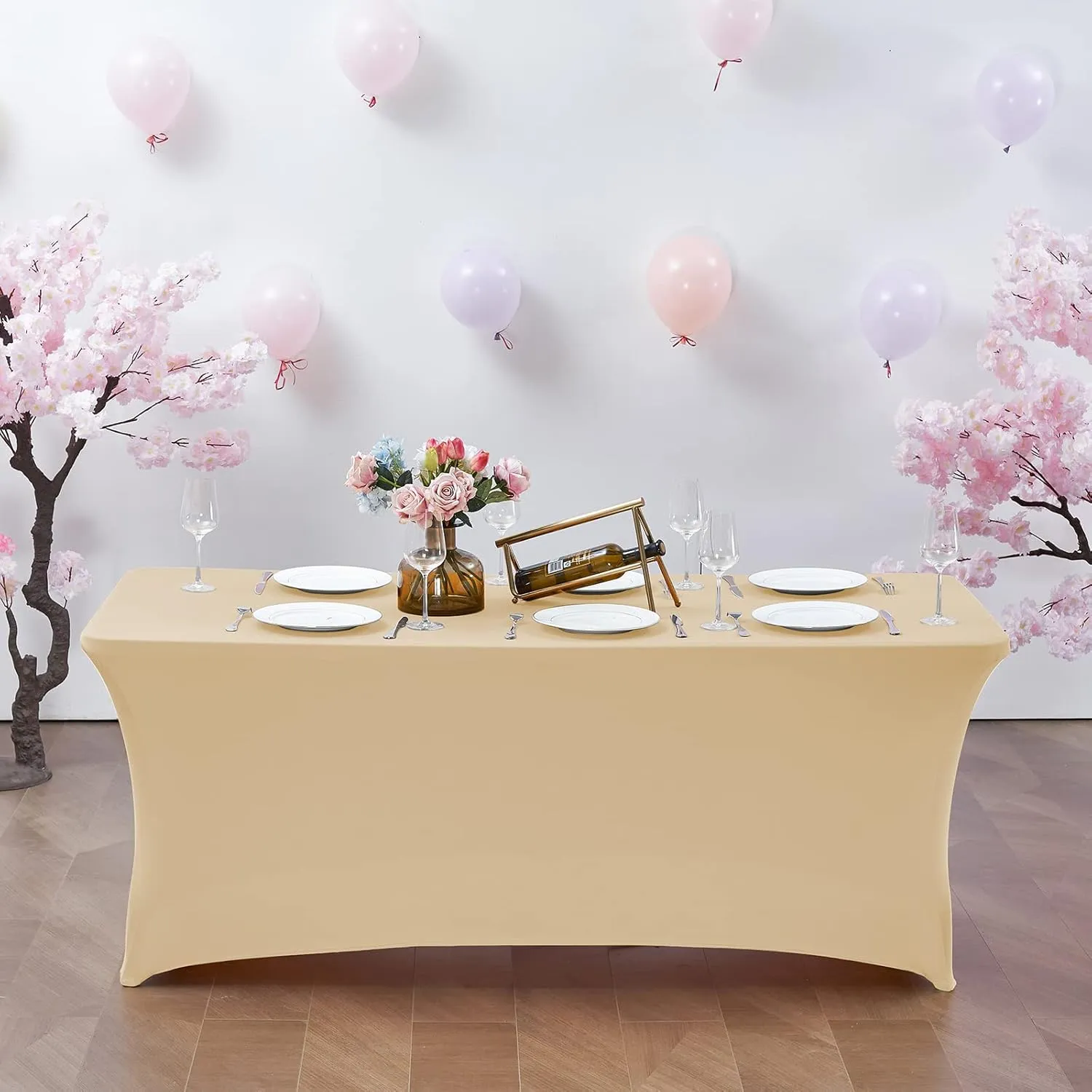 CWK 6FT Stretch Spandex Table Cover for Rectangular Tables - Elastic Fitted Tablecloth for Folding Tables,Wrinkle Resistant,Durable Table Protector for Parties, Weddings, Banquets & Events (Champagne)